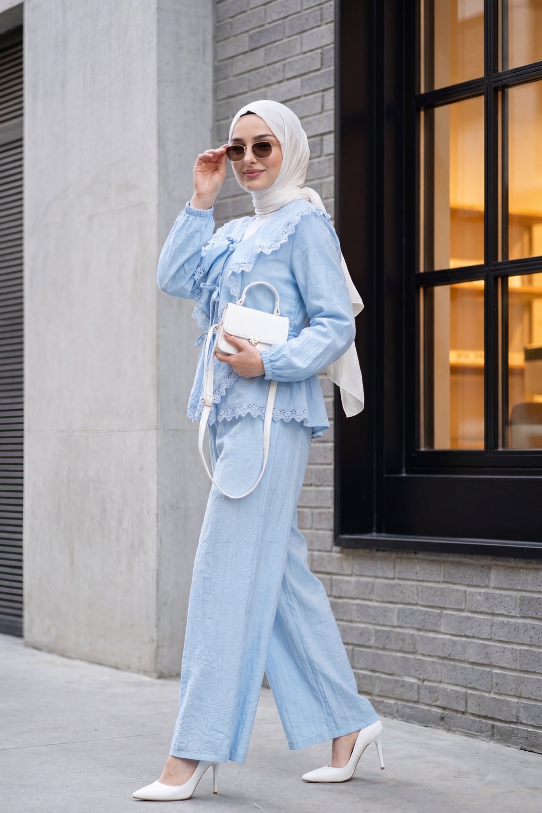 Lace Detail Tie-Front Wide-Leg Co-ord Set in Baby Blue - Podyumplus - by Peralane - photo 4