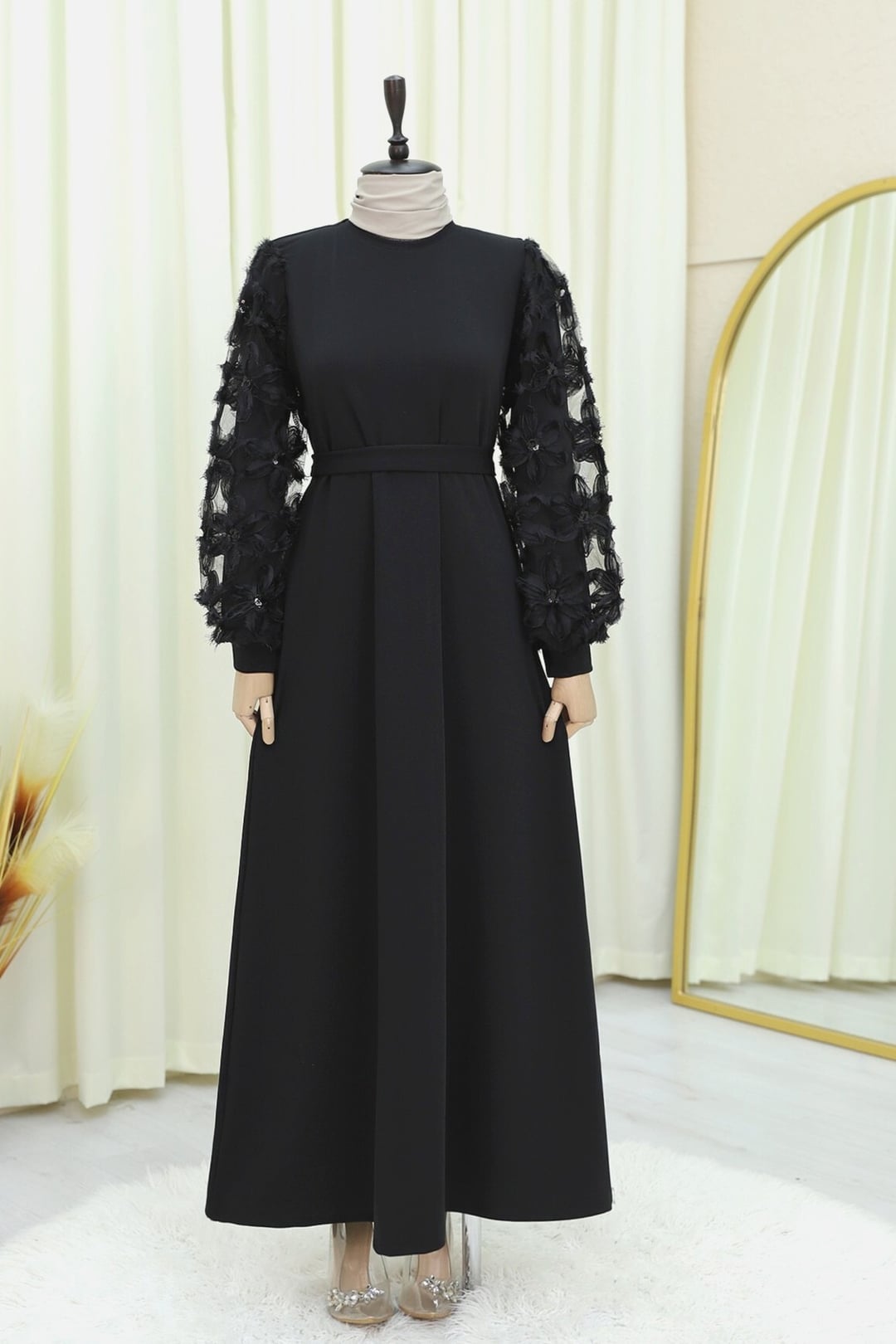Black Embellished Floral Tulle Sleeve Belted Maxi Dress - Podyumplus - by Peralane - photo 4
