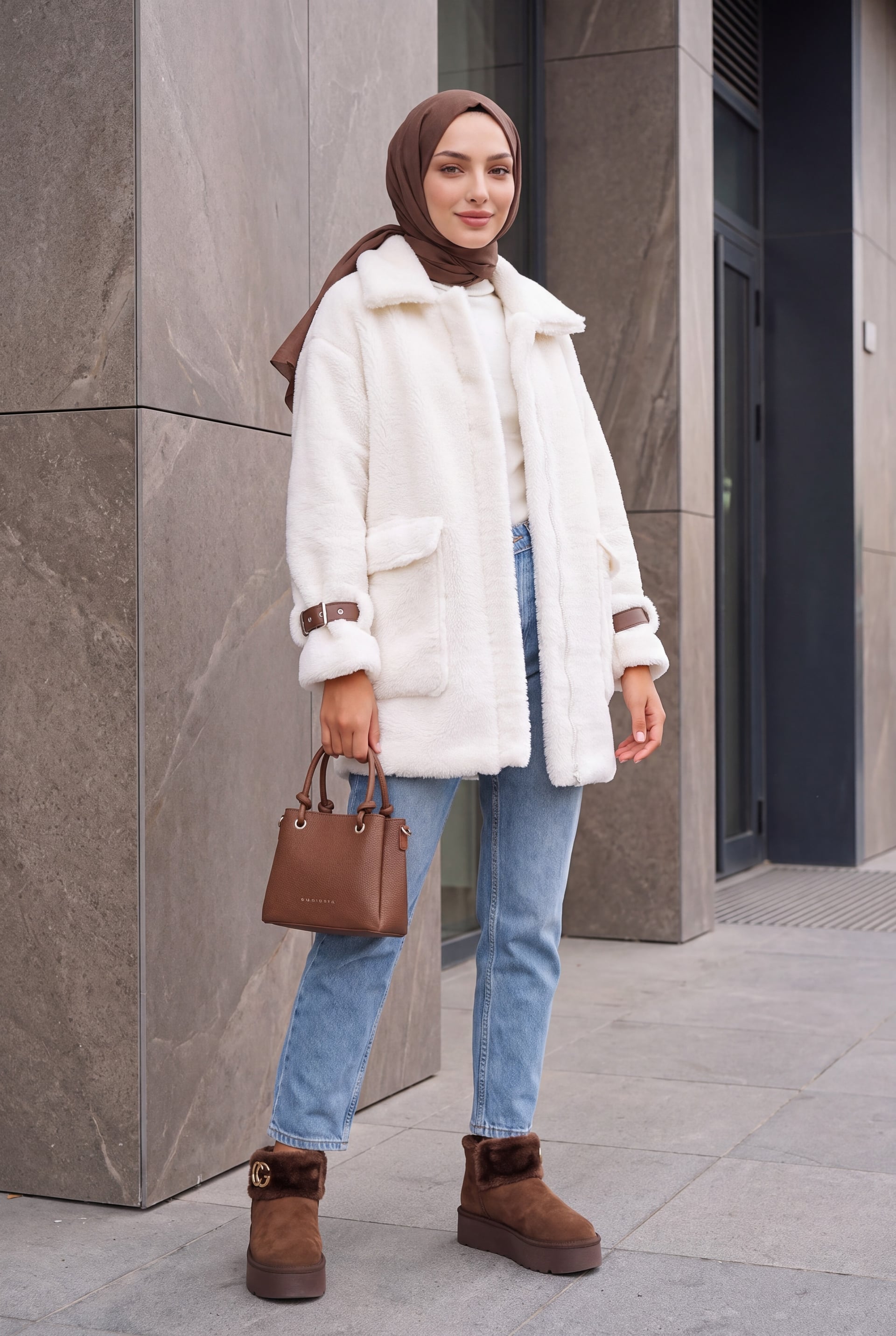 Women's Oversize Faux Fur Coat - Tan - Bigdart - by Peralane - photo 4