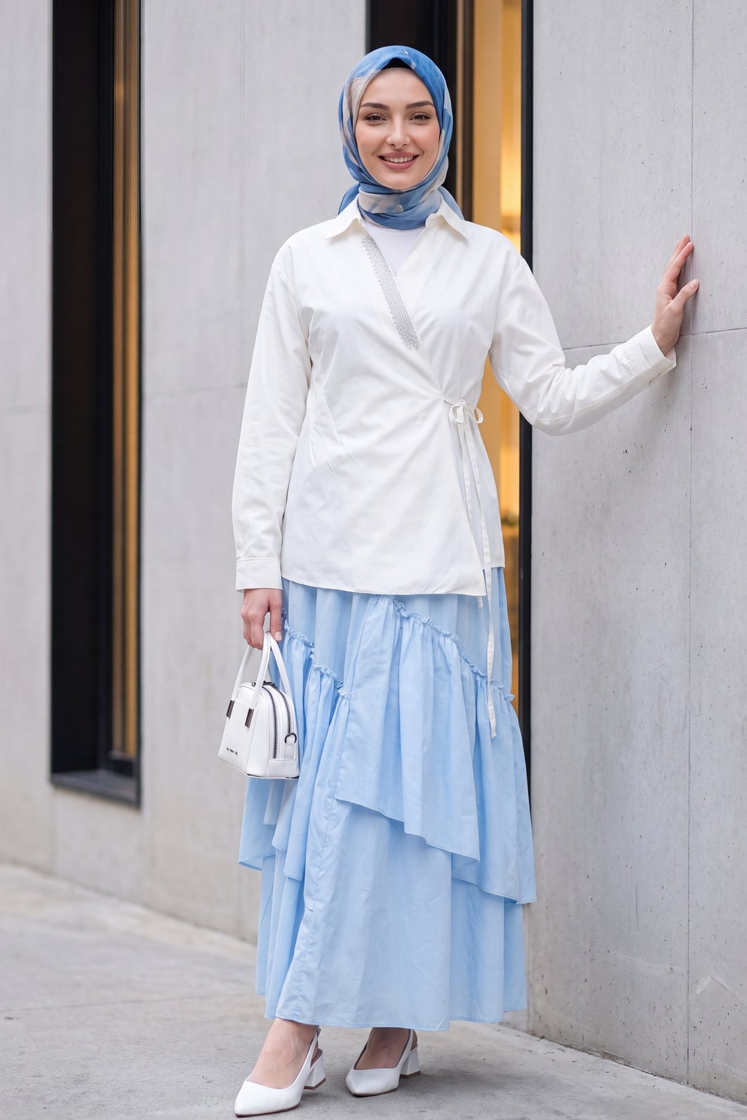 Side-Tie Stone-Detailed Wrap Collar Poplin Blouse - Cream - Podyumplus - by Peralane - photo 5