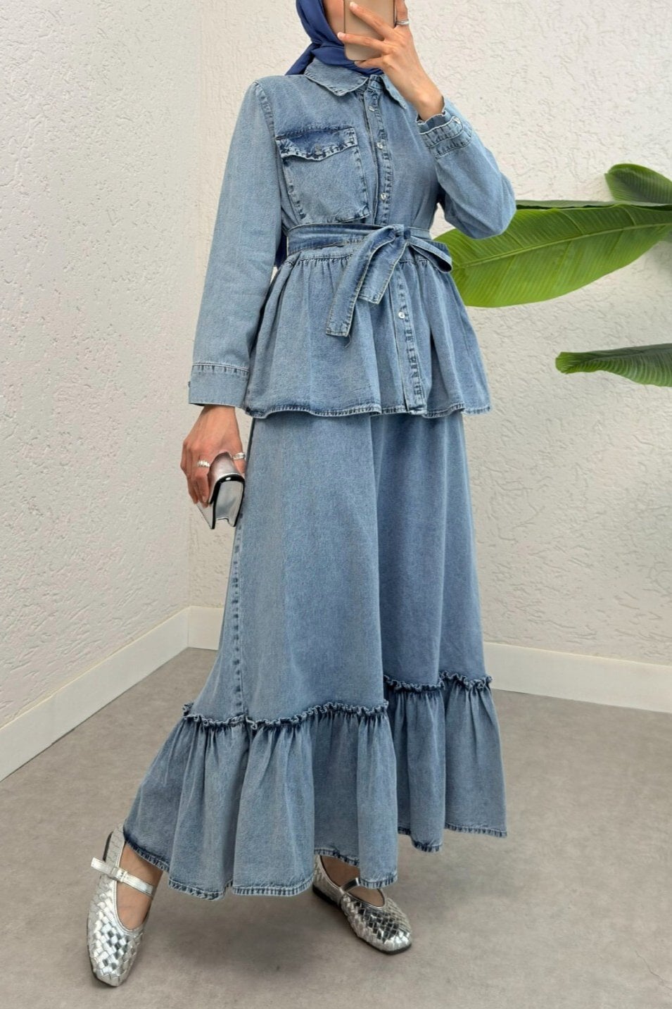 Two-Piece Belted Denim Modest Set with Peplum Top and Maxi Skirt - Ice Blue - Podyumplus - by Peralane