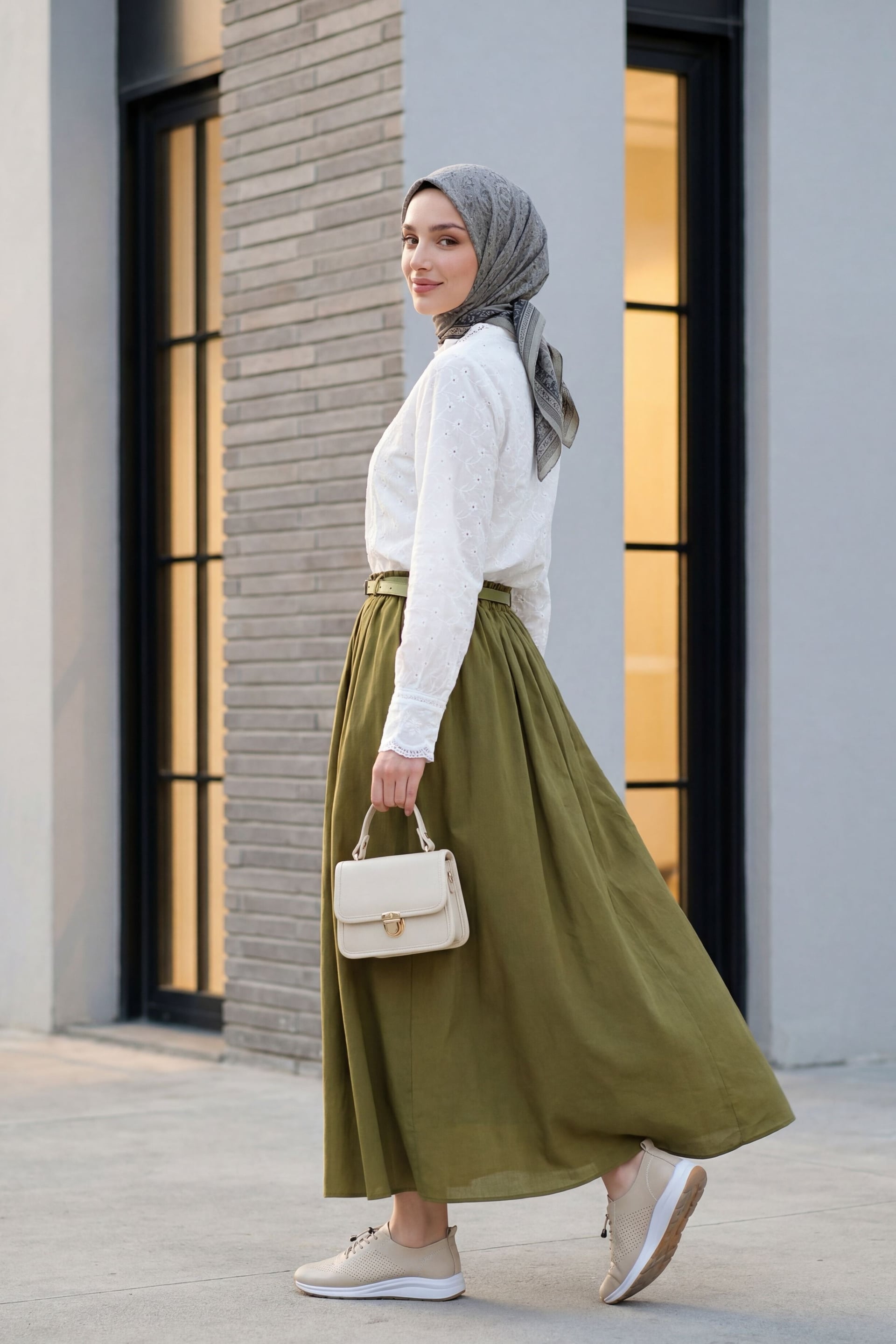 Pocket Belted Lined Cotton Voile Skirt - Olive Green - Podyumplus - by Peralane - photo 5