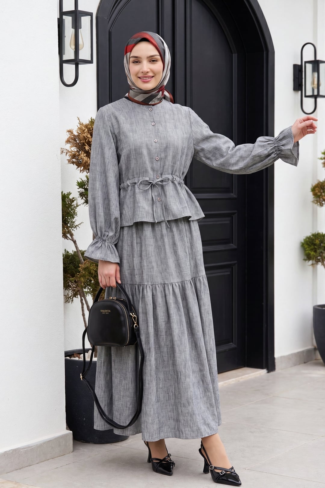 Button-Front Elastic Cuff Tunnel Drawstring Linen-Look Co-ord Set - Grey - Podyumplus - by Peralane - photo 3