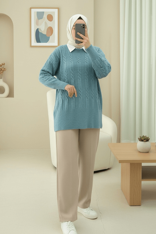 Relief Patterned Soft Knit Sweater - Turquoise - Podyumplus - by Peralane