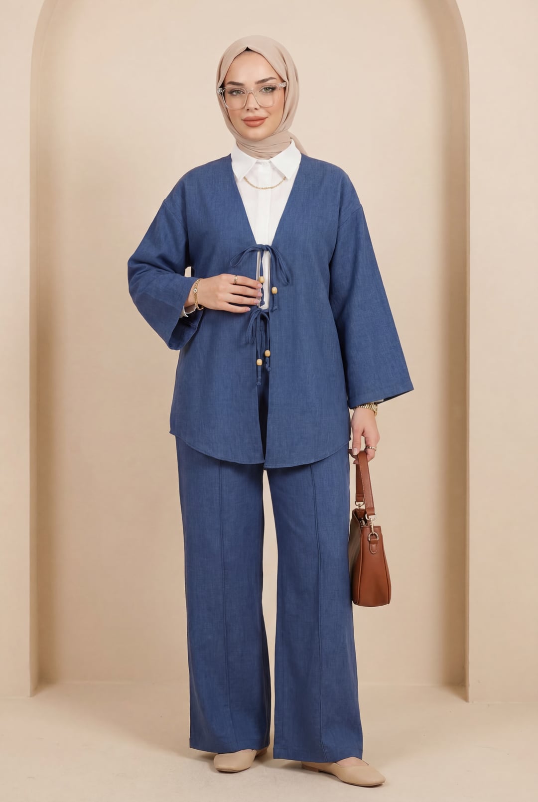 Indigo Double-Tie Front Kimono Set with Wide-Leg Trousers - Podyumplus - by Peralane - photo 3