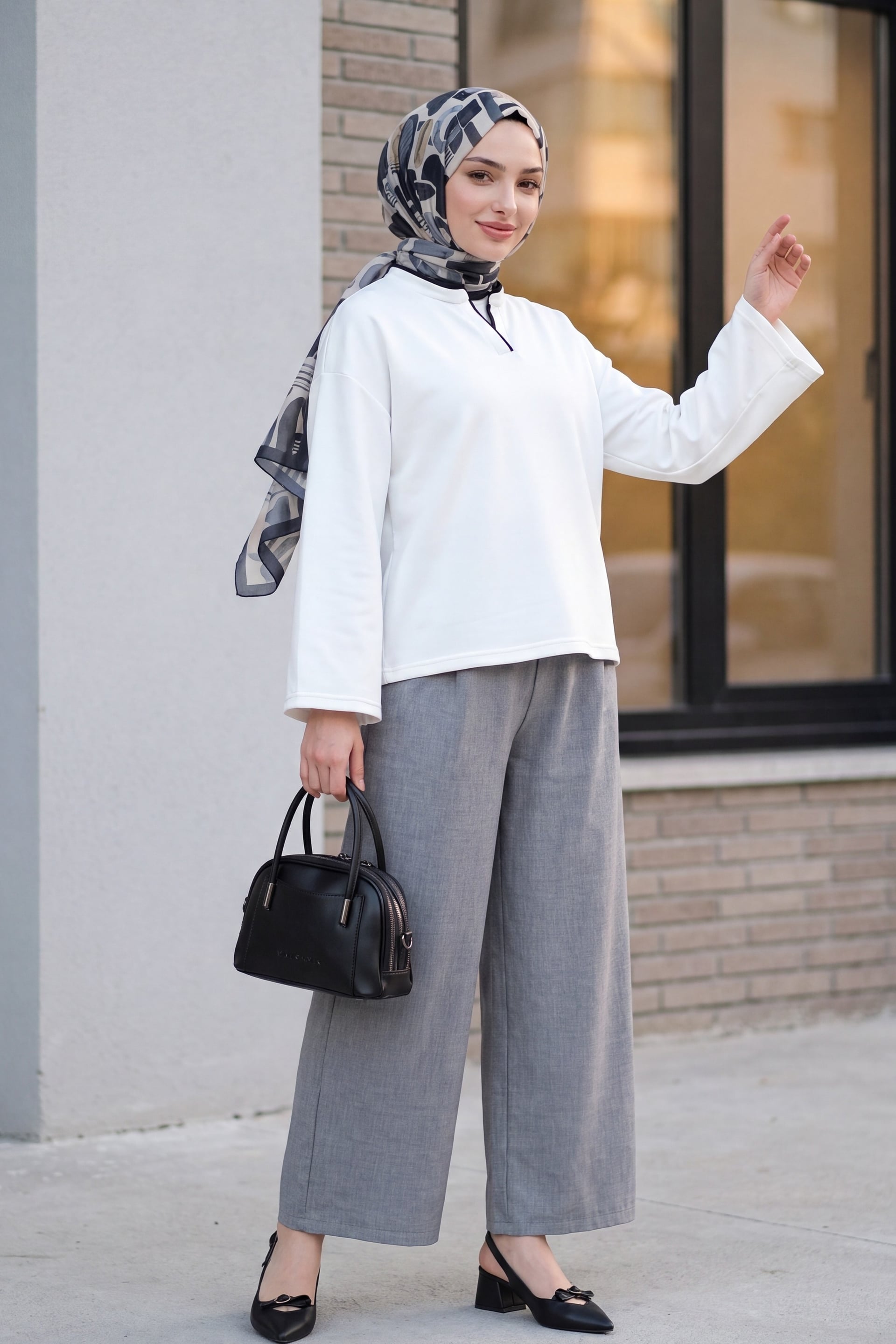 Elastic Waist Wide Leg Pleated Linen Look Trousers - Light Grey - Podyumplus - by Peralane - photo 6