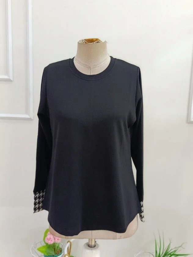 Women's Long-Sleeve Round Neck Modal Blouse with Houndstooth Cuffs, 37867 - Janes - by Peralane - photo 4
