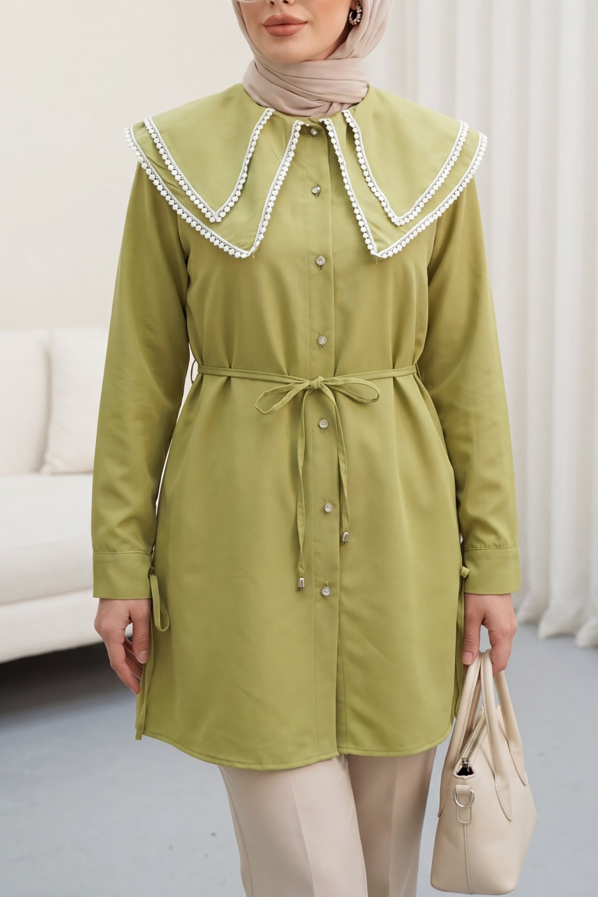 Lace-Trimmed Poplin Tunic with Tie Belt and Cuffs - Oil Green - Podyumplus - by Peralane