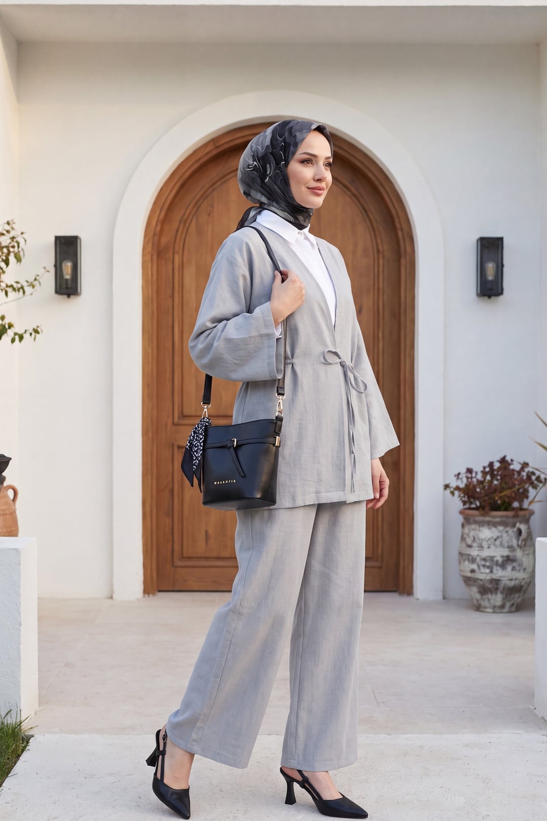 Light Grey Tie-Front Kimono and Wide-Leg Trouser Set - Podyumplus - by Peralane - photo 4