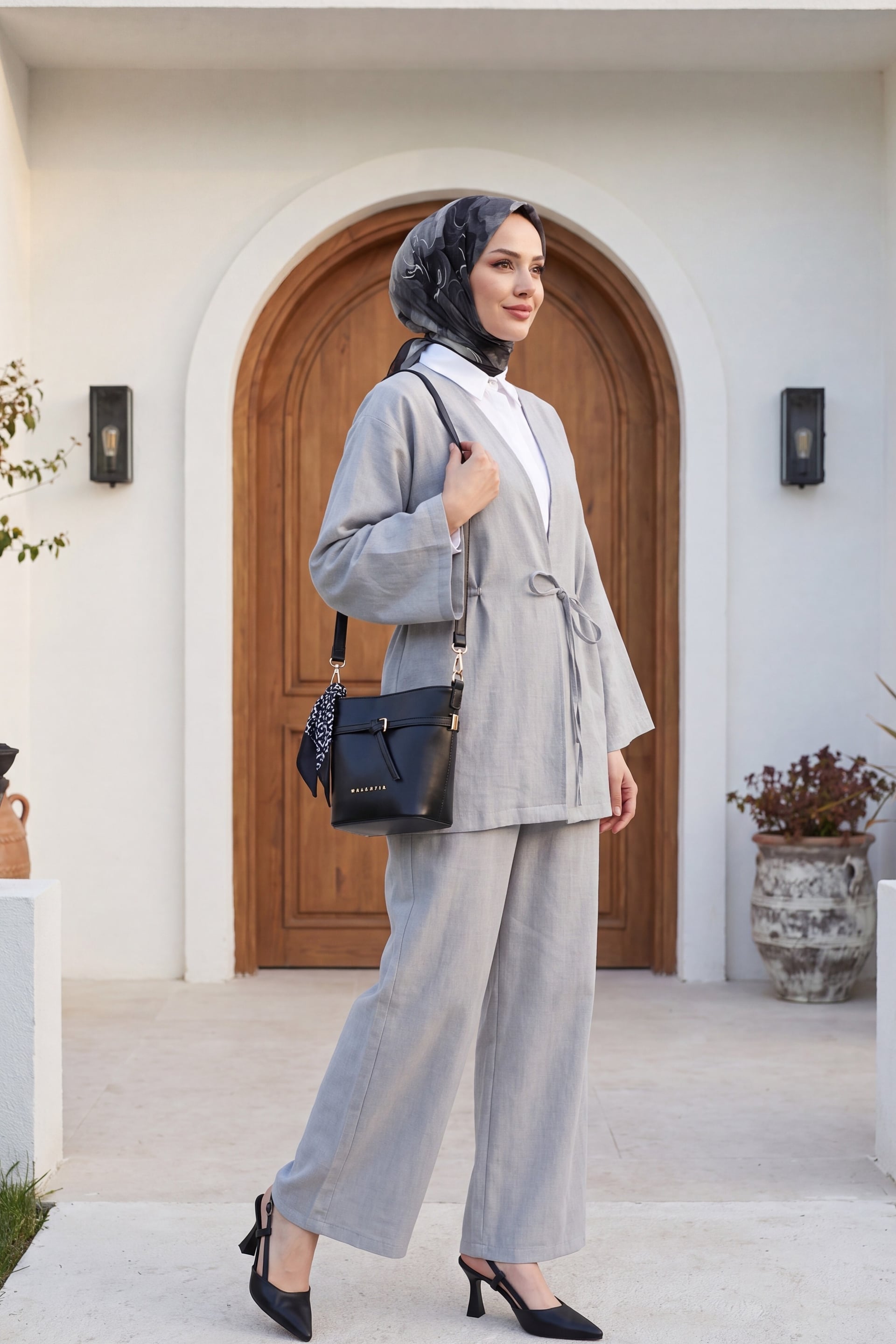 Light Grey Tie-Front Kimono and Wide-Leg Trouser Set - Podyumplus - by Peralane - photo 4
