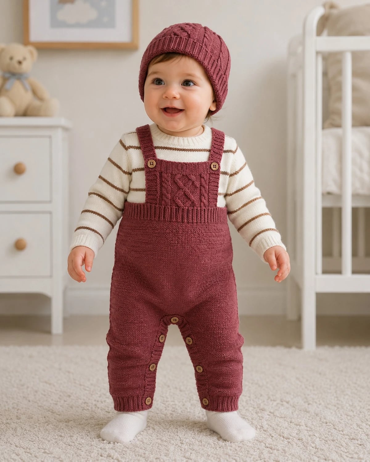 Knitted Baby Romper and Hat Set in Berry Color - Has Bereket - by Peralane