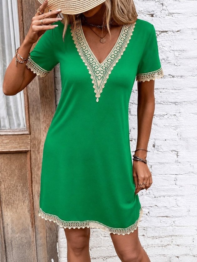 Women's Short-Sleeve V-Neck Lace Trim Viscose Dress - Janes - by Peralane