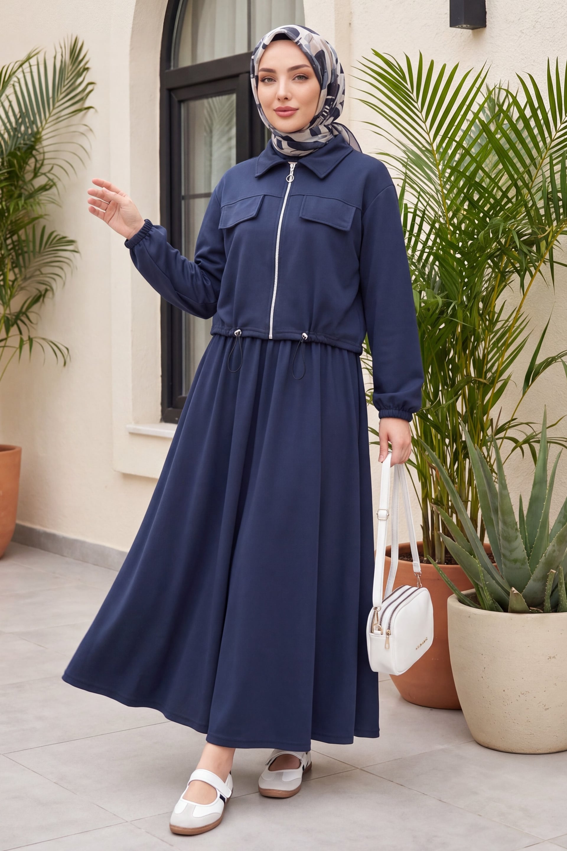 Zip-Up Shirt Collar Jersey Co-ord Set with Long Skirt - Navy Blue - Podyumplus - by Peralane
