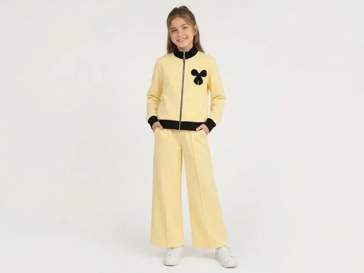Girl's Ribbon Detail Tracksuit Set in Pale Yellow - Mensis - by Peralane