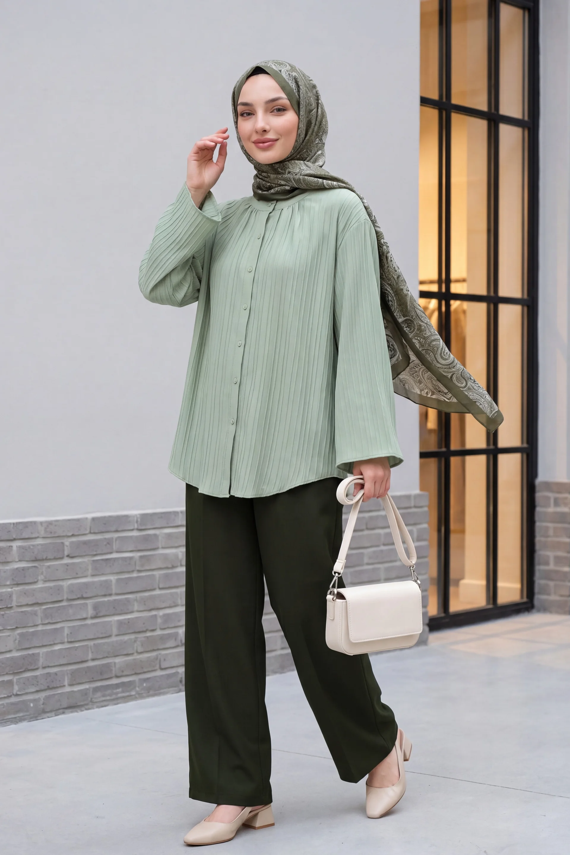 Women's High-Waist Wide-Leg Trousers with Velcro Waistband - Olive Green - Podyumplus - by Peralane - photo 2