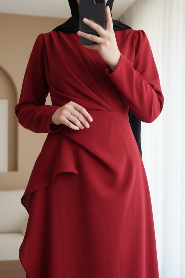 Asymmetric Hem Krep Dress with Front Drape - Red - Podyumplus - by Peralane - photo 2