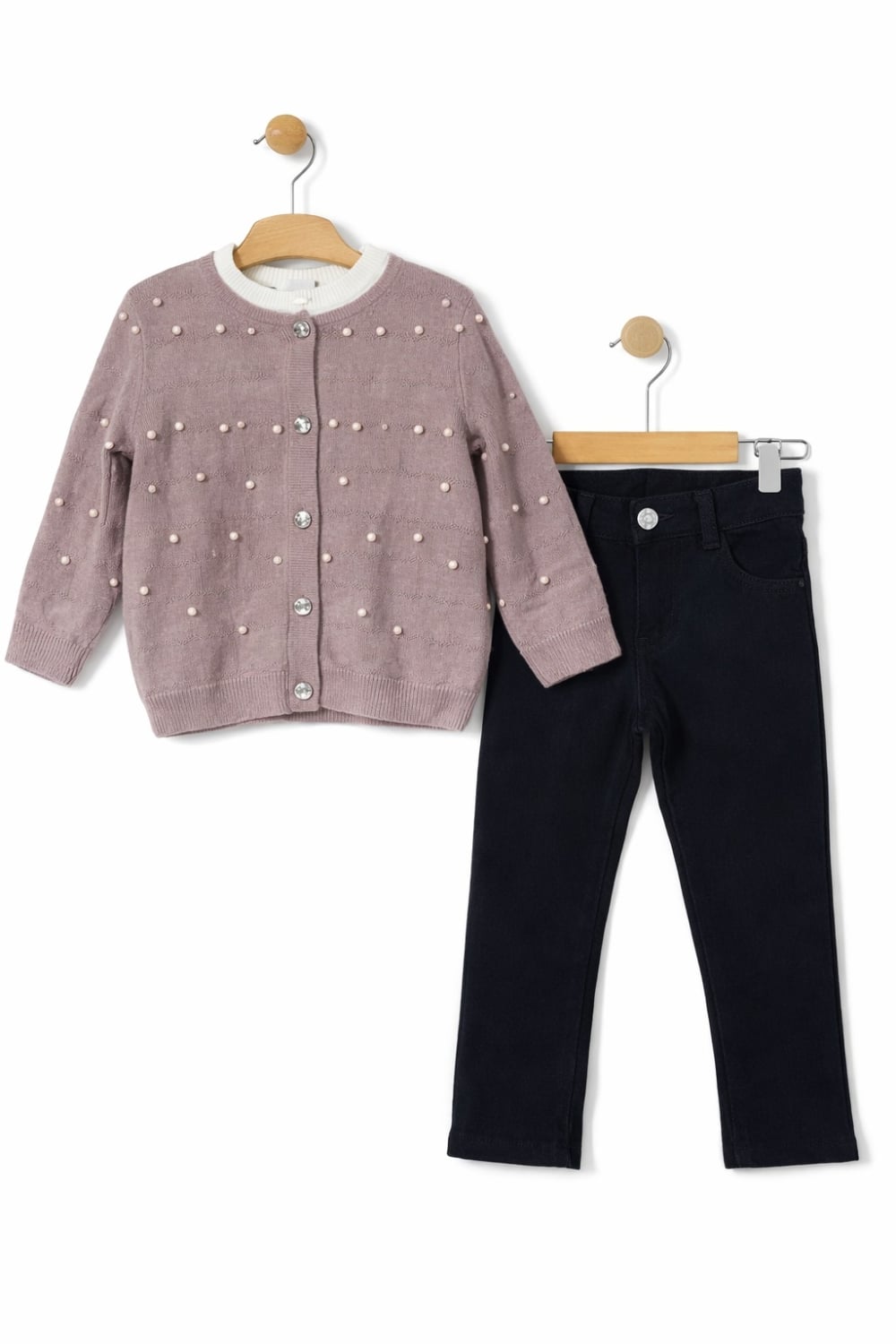 Girls' Two-Piece Knit Cardigan and Trousers Set – Dusty Rose and Navy - Has Bereket - by Peralane