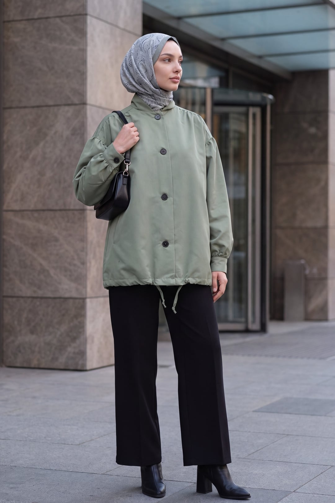 Balloon Sleeve Double Pocket Lined Button-Front Trench Coat - Sage Green - Podyumplus - by Peralane - photo 4
