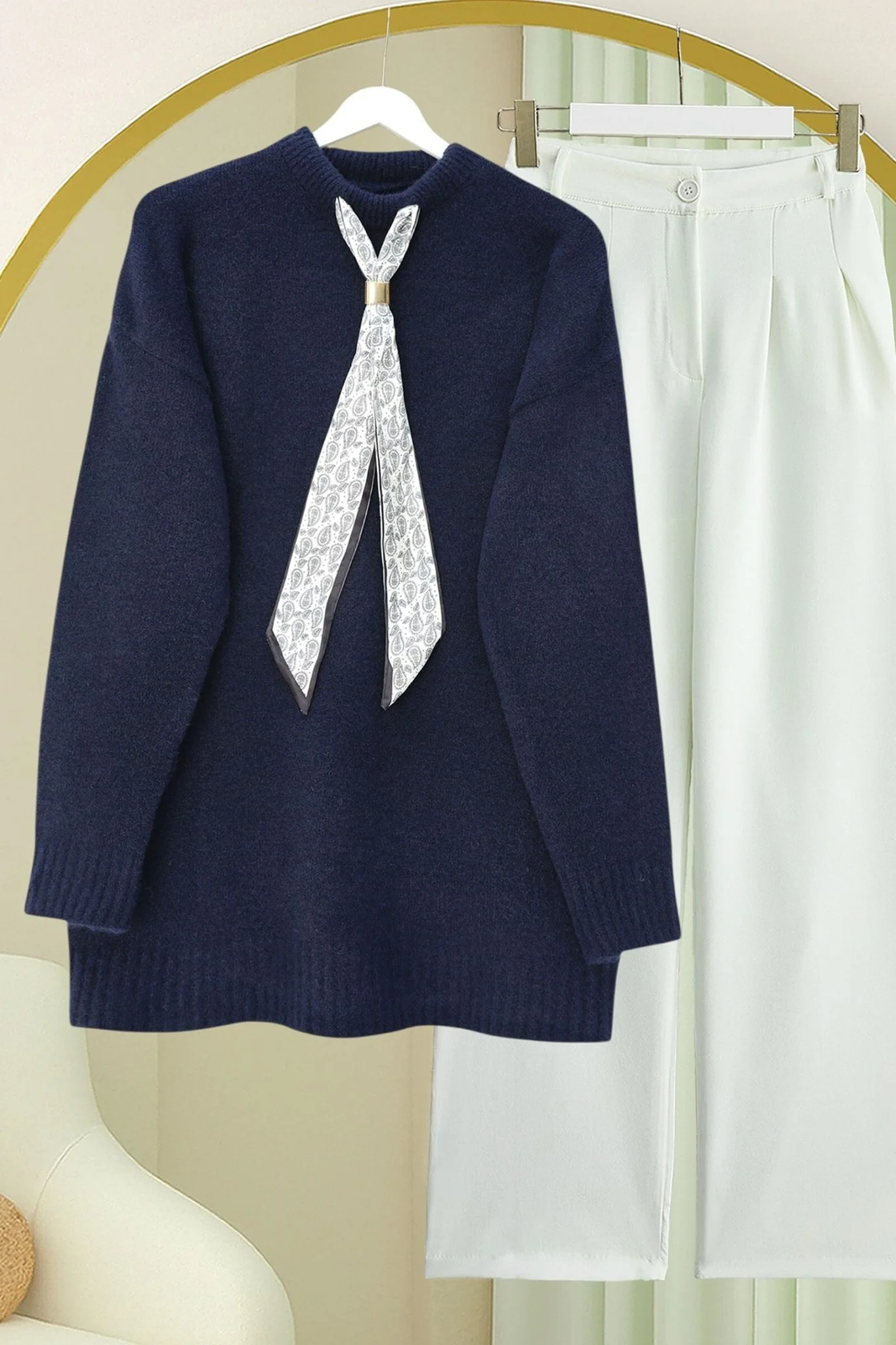 Navy Blue Mock Neck Knit Sweater with Detachable Scarf Detail - Podyumplus - by Peralane - photo 2