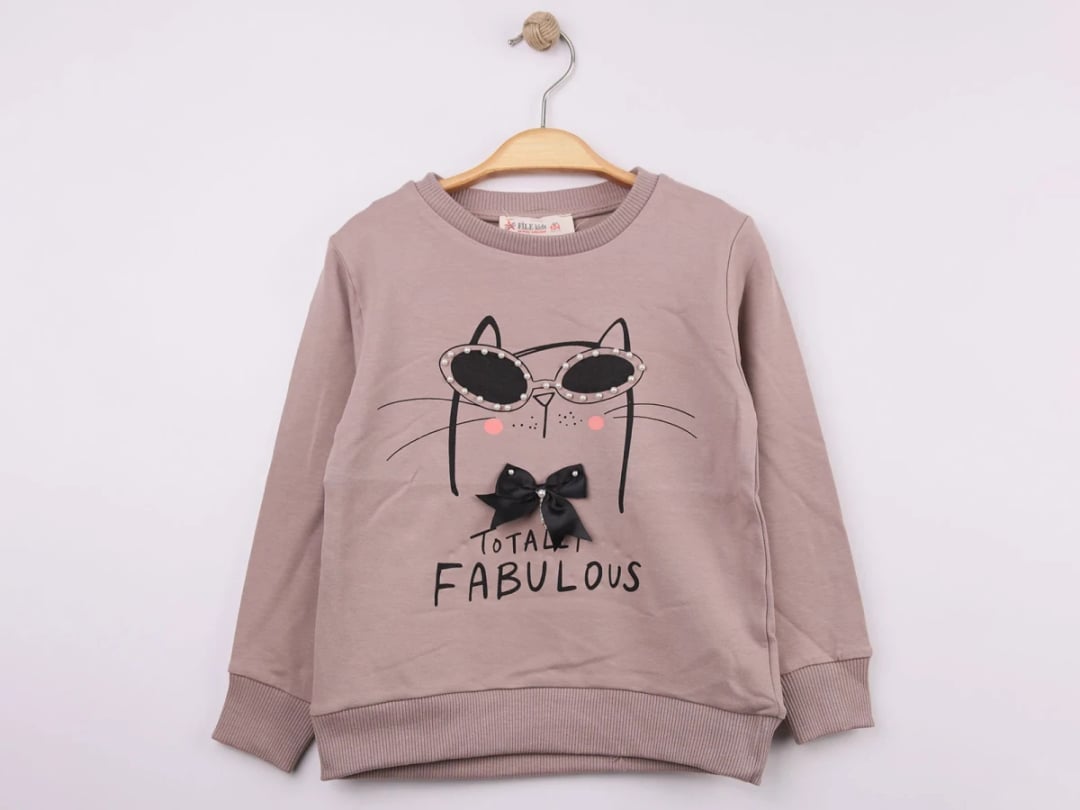 Cat Print Stone Detail Girls Sweatshirt - Star File - by Peralane