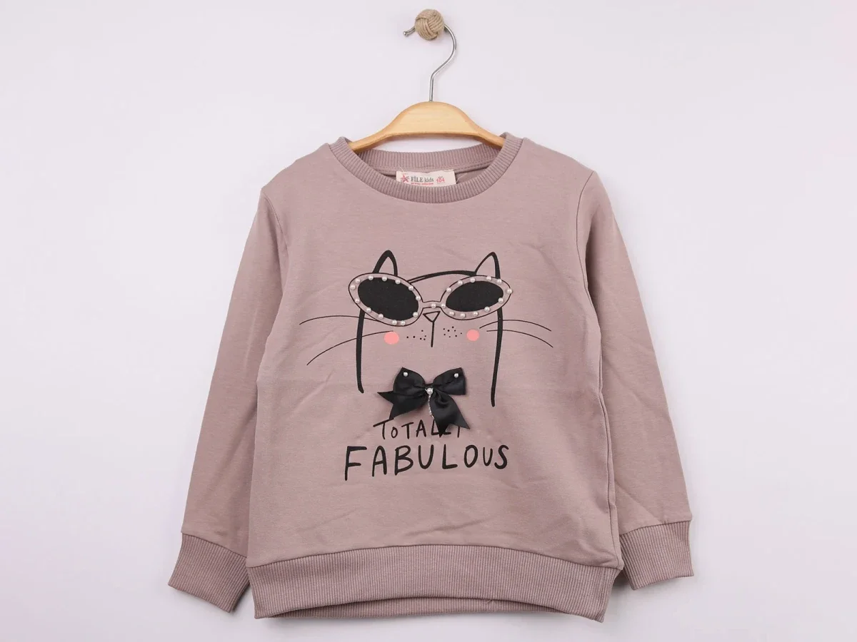 Cat Print Stone Detail Girls Sweatshirt - Star File - by Peralane
