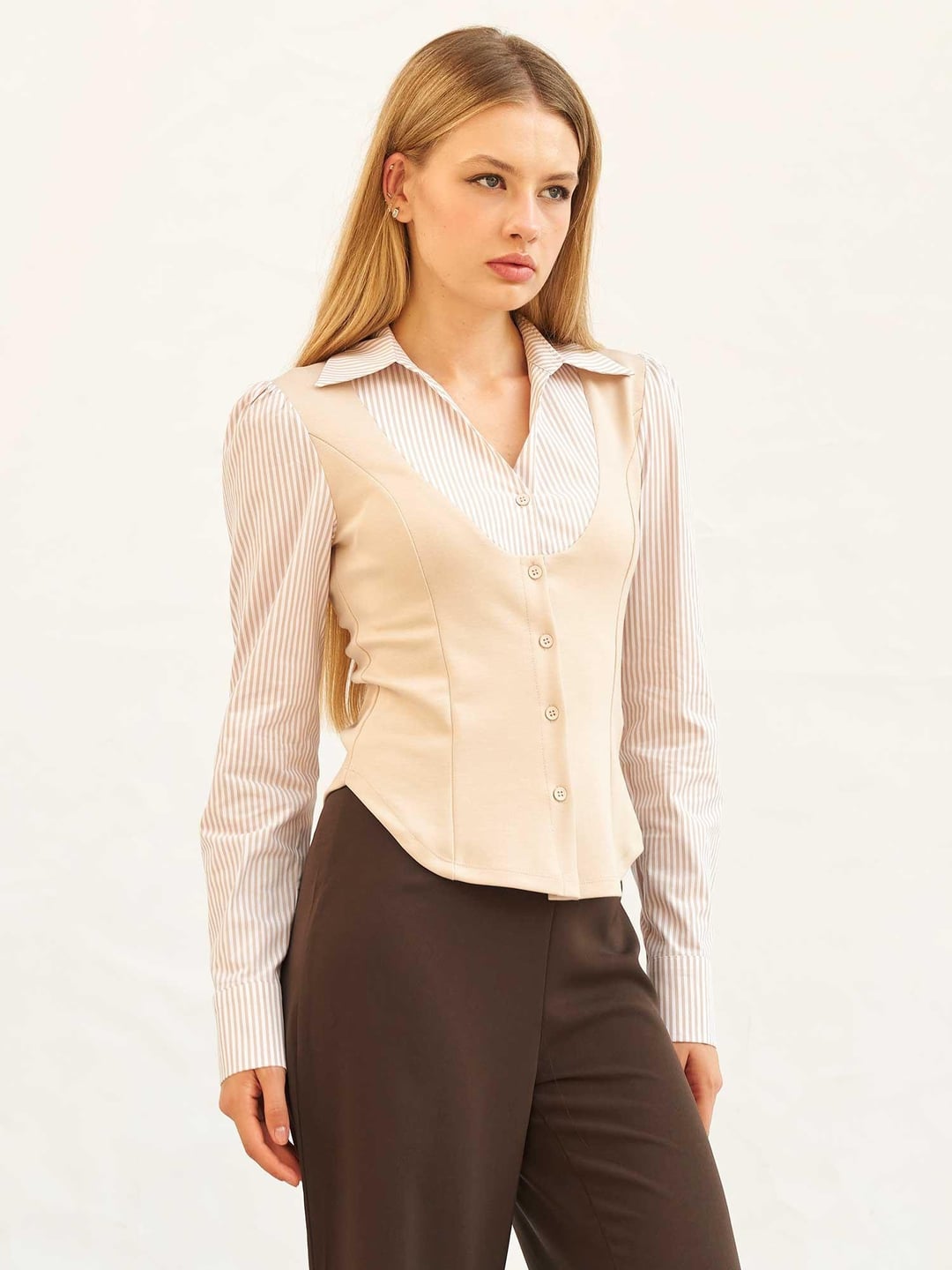 Cream Striped Blouse and Vest Set - Lefon - by Peralane - photo 2