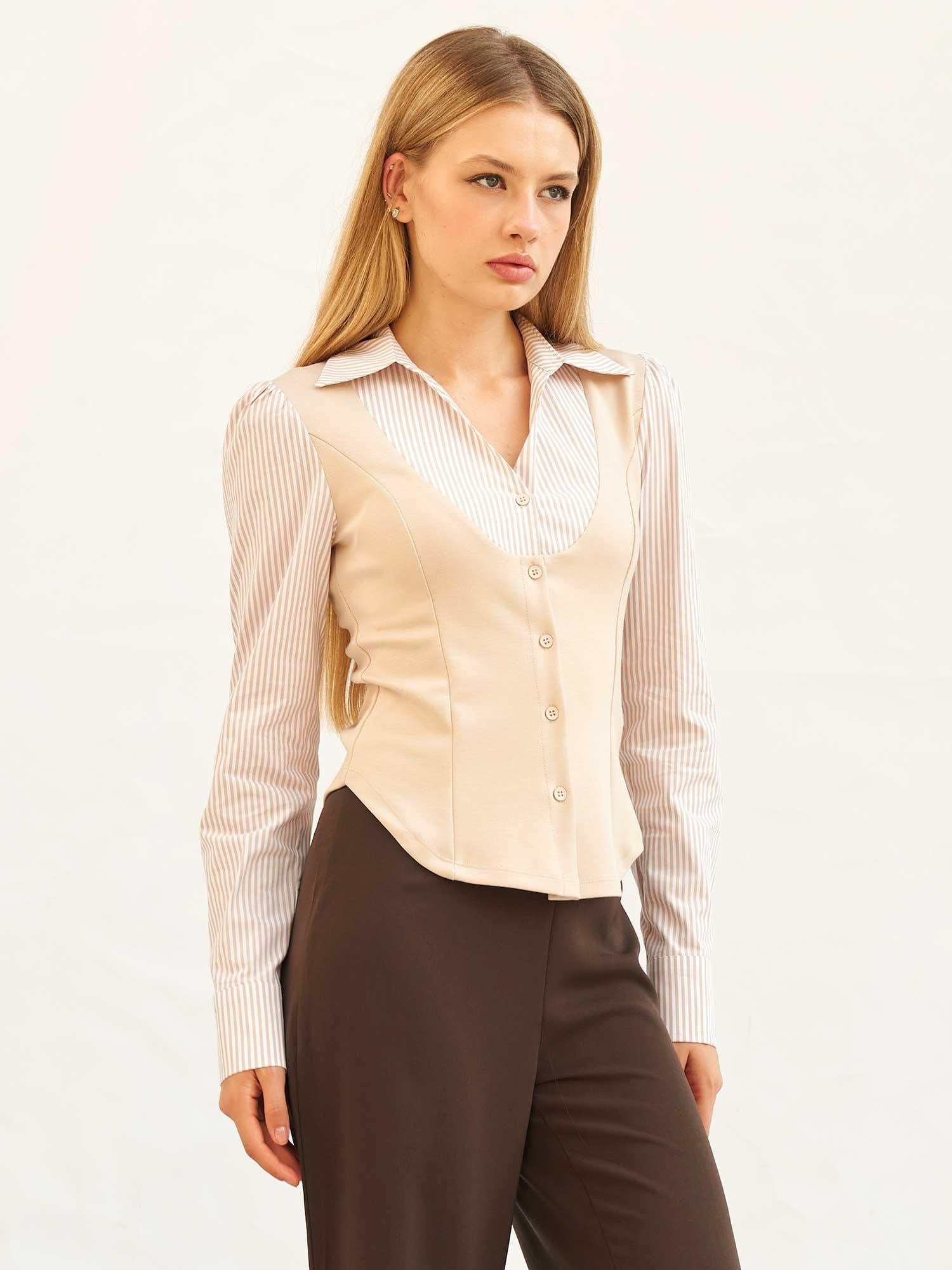 Cream Striped Blouse and Vest Set - Lefon - by Peralane - photo 2