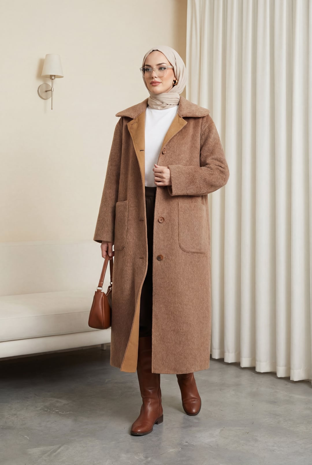 Long Brown Button-Front Coat with Contrast Lapel - Podyumplus - by Peralane