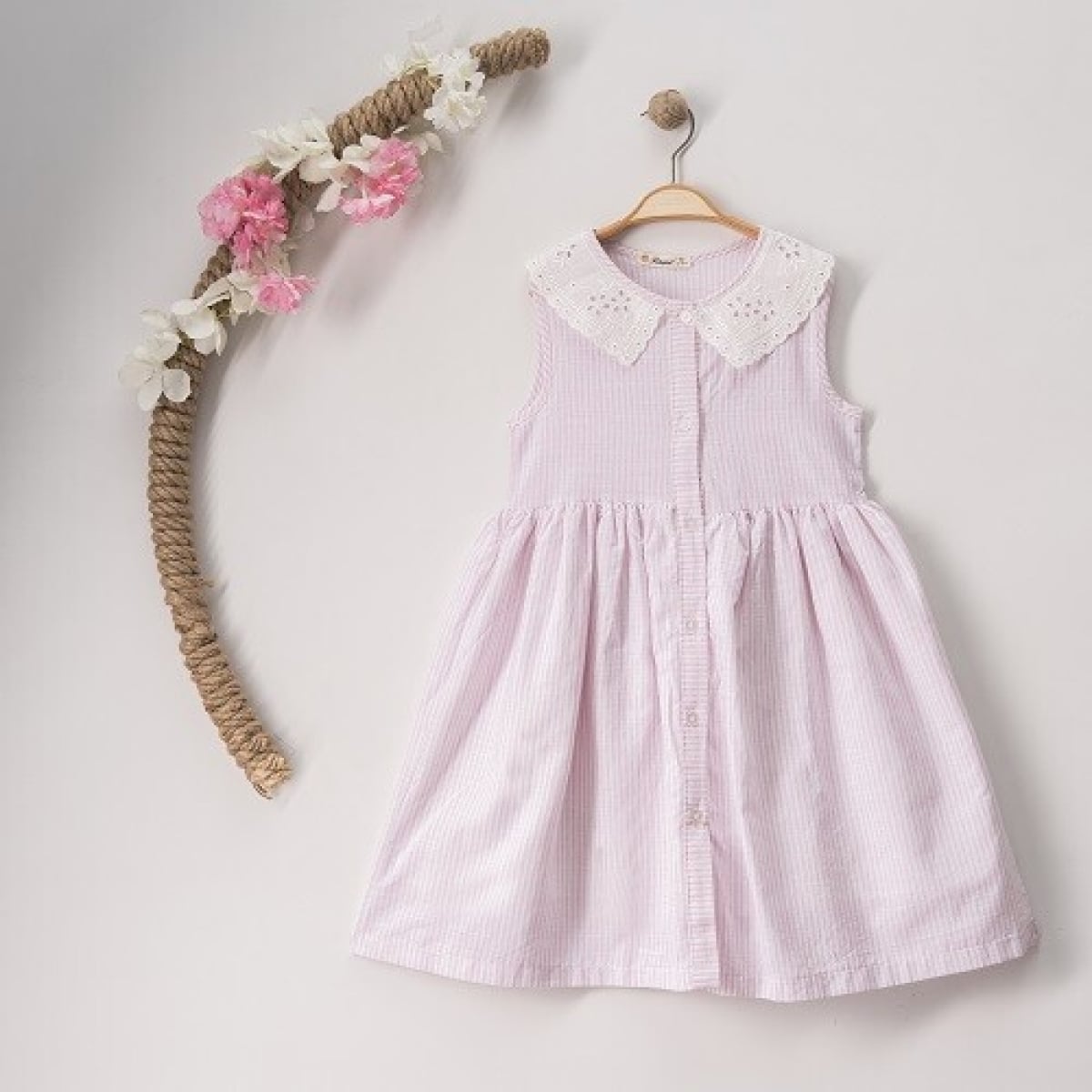 Girls Striped Sleeveless Dress with Eyelet Lace Collar - Busra Bebe - by Peralane