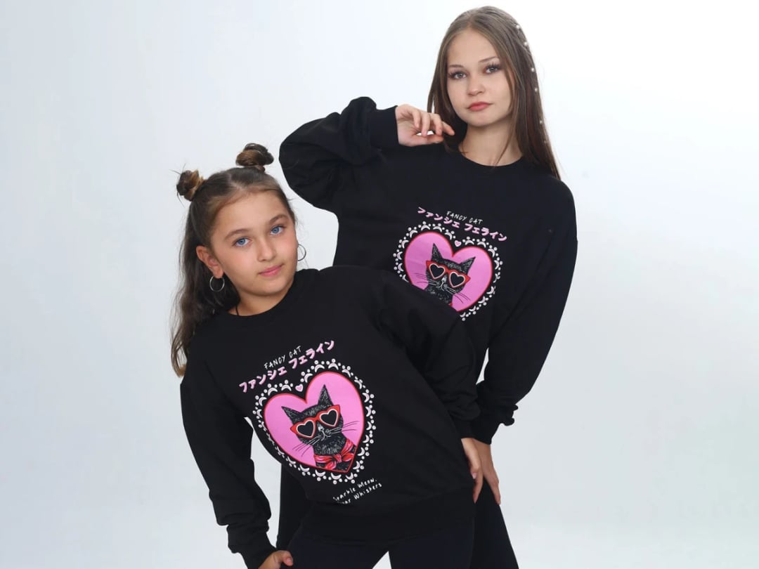 Girls' Cat Print Sweatshirt - Black - Vizviz - by Peralane