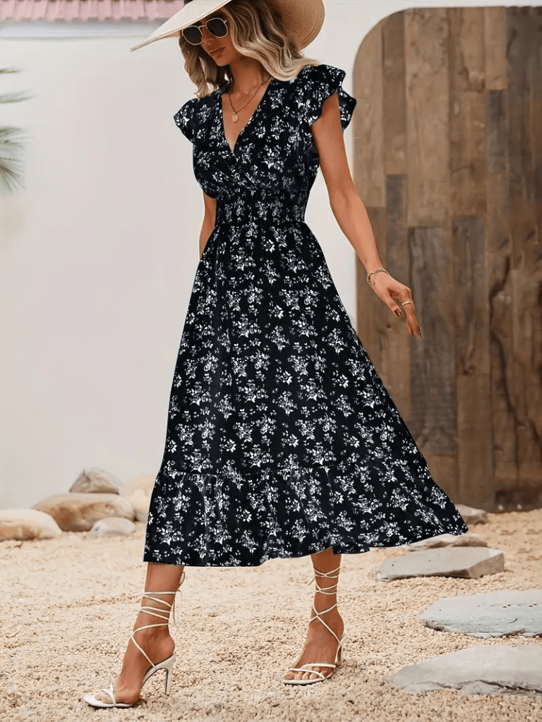 Women's Short-Sleeve V-Neck Floral Print Dress with Elastic Waist - Janes - by Peralane - photo 2