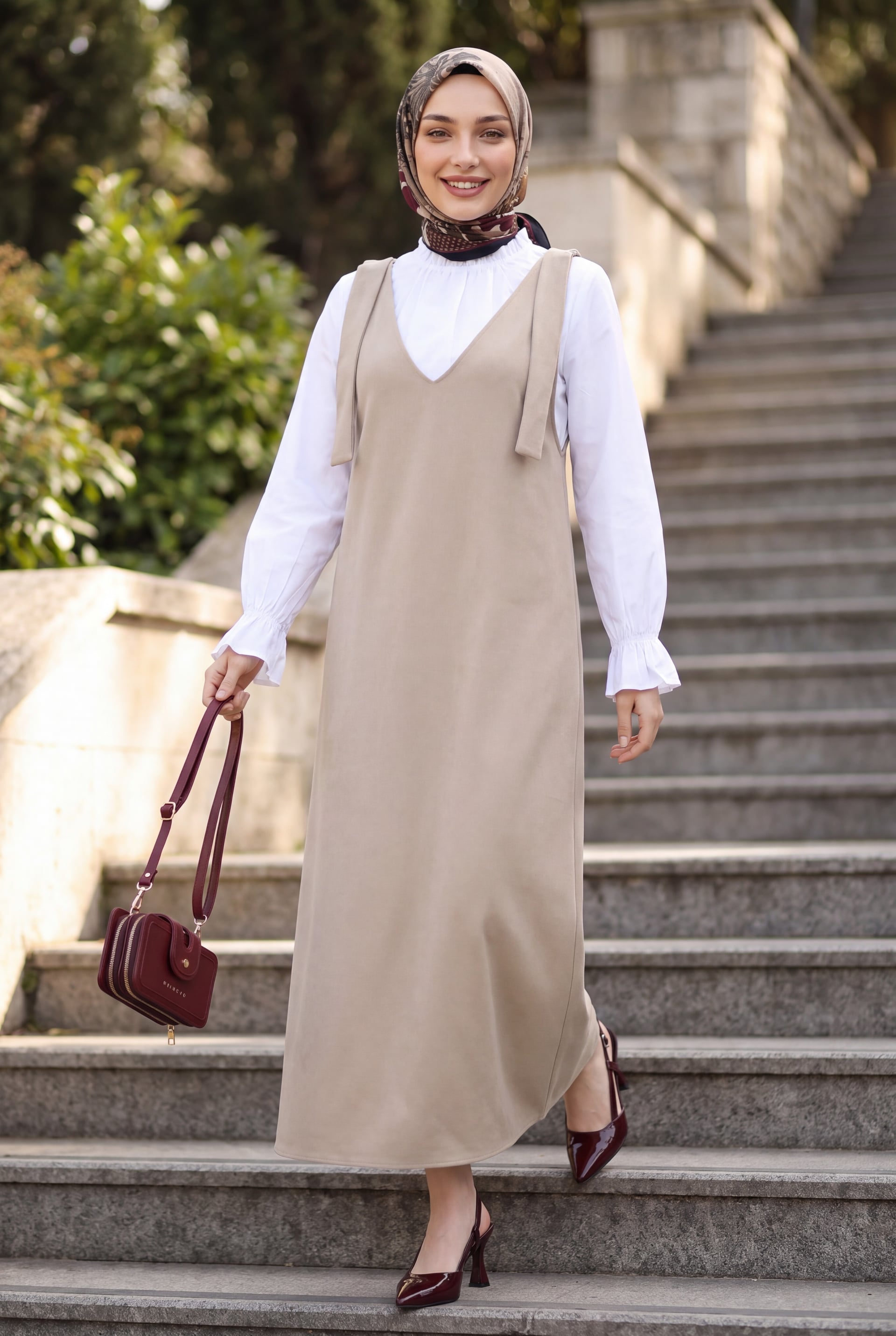 Long Pinafore Dress with Shoulder Ties - Beige - Podyumplus - by Peralane - photo 2