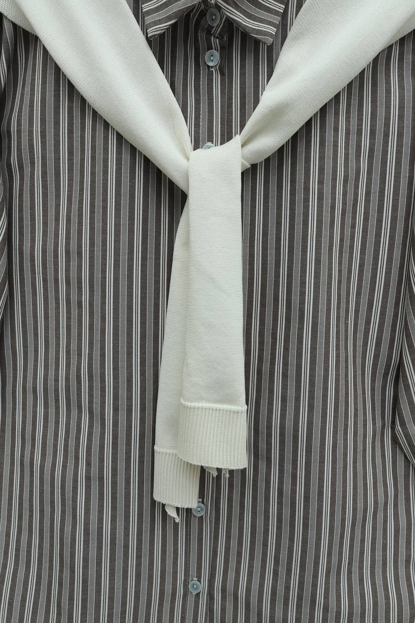 Striped Linen Look Shirt with Knitted Scarf Detail - Brown - Podyumplus - by Peralane - photo 6