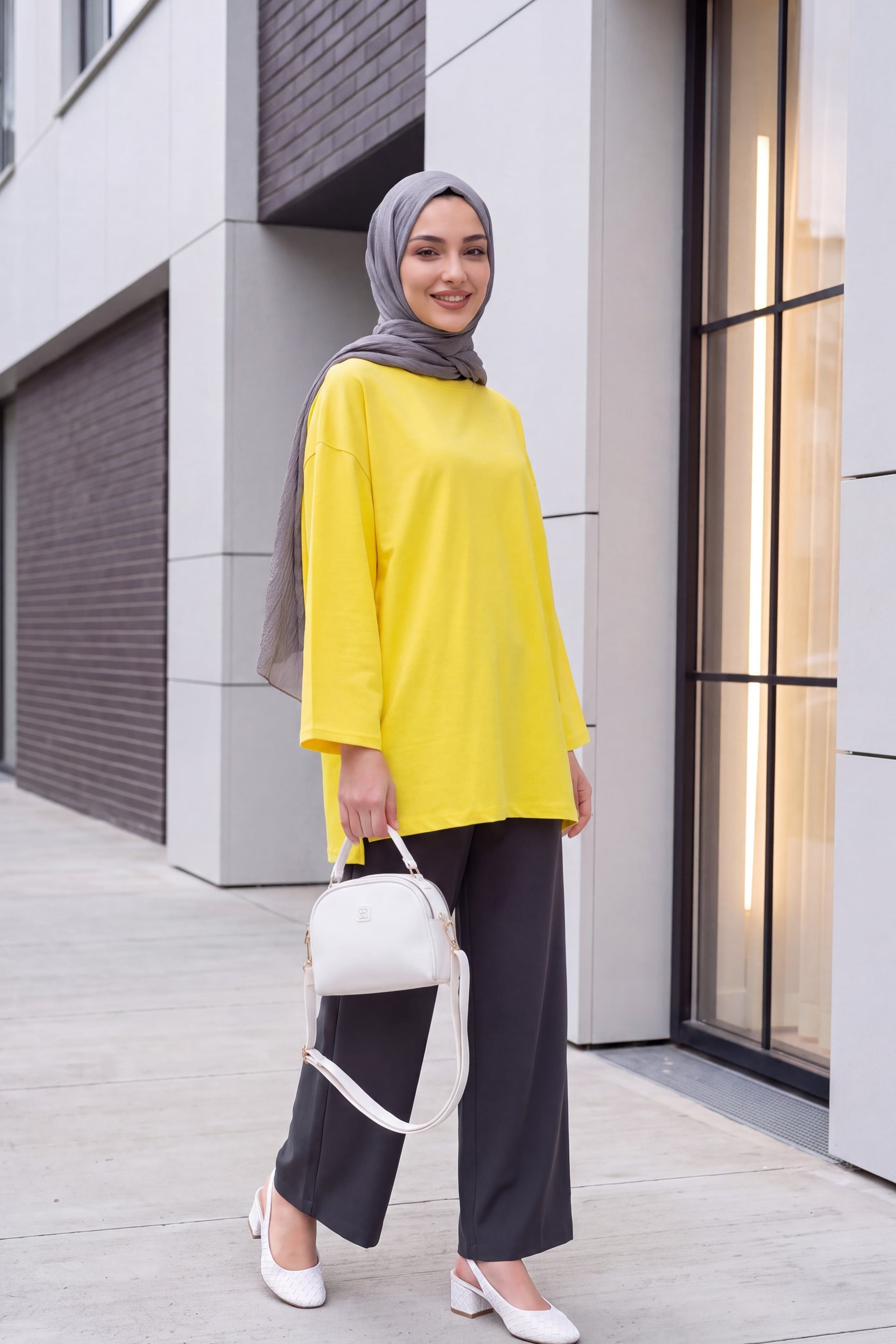 Round Neck Relaxed Fit Jersey Tunic - Yellow - Podyumplus - by Peralane - photo 4