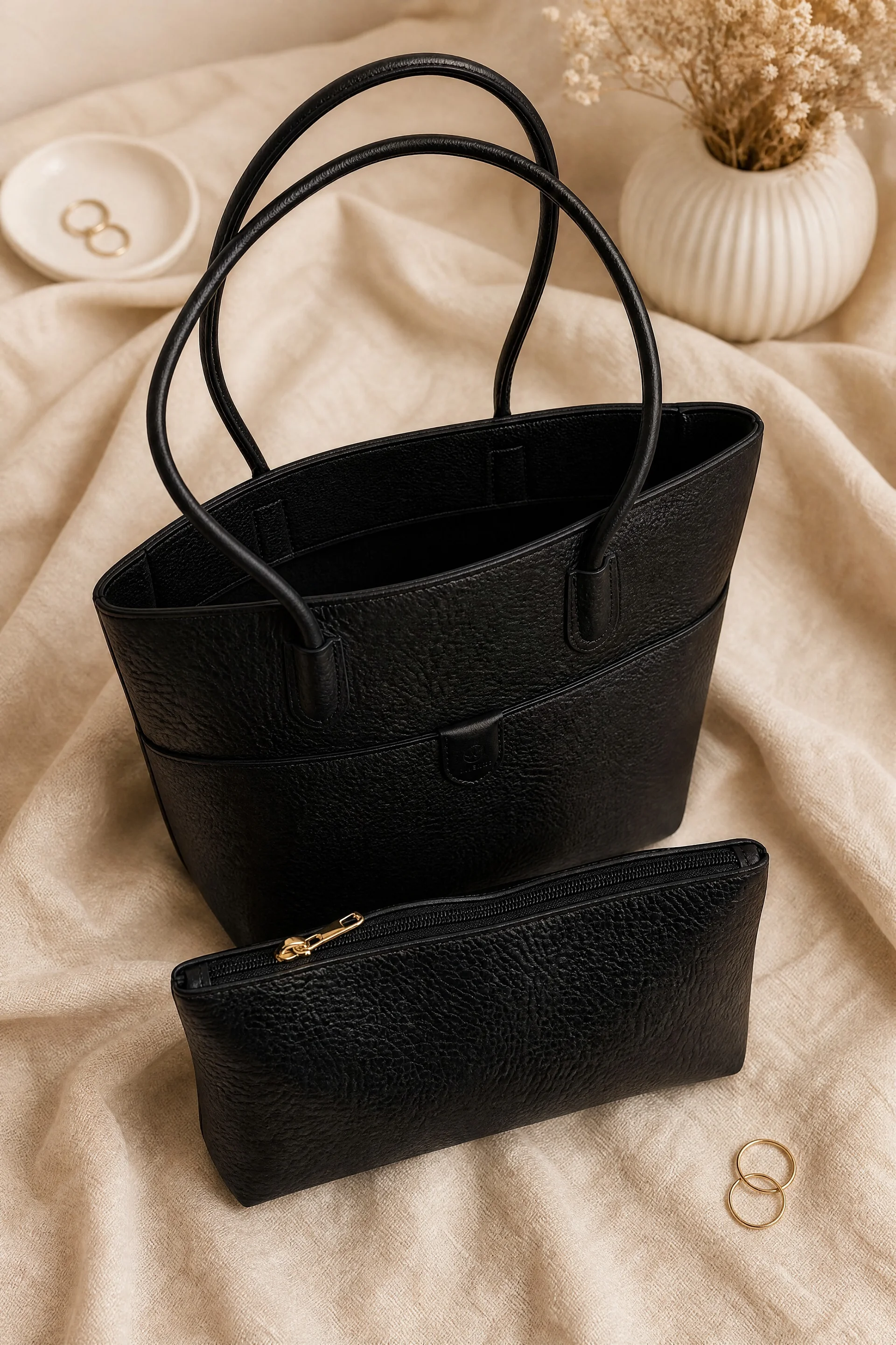 Black Faux Leather Tote Bag with Zippered Makeup Pouch - Podyumplus - by Peralane - photo 2