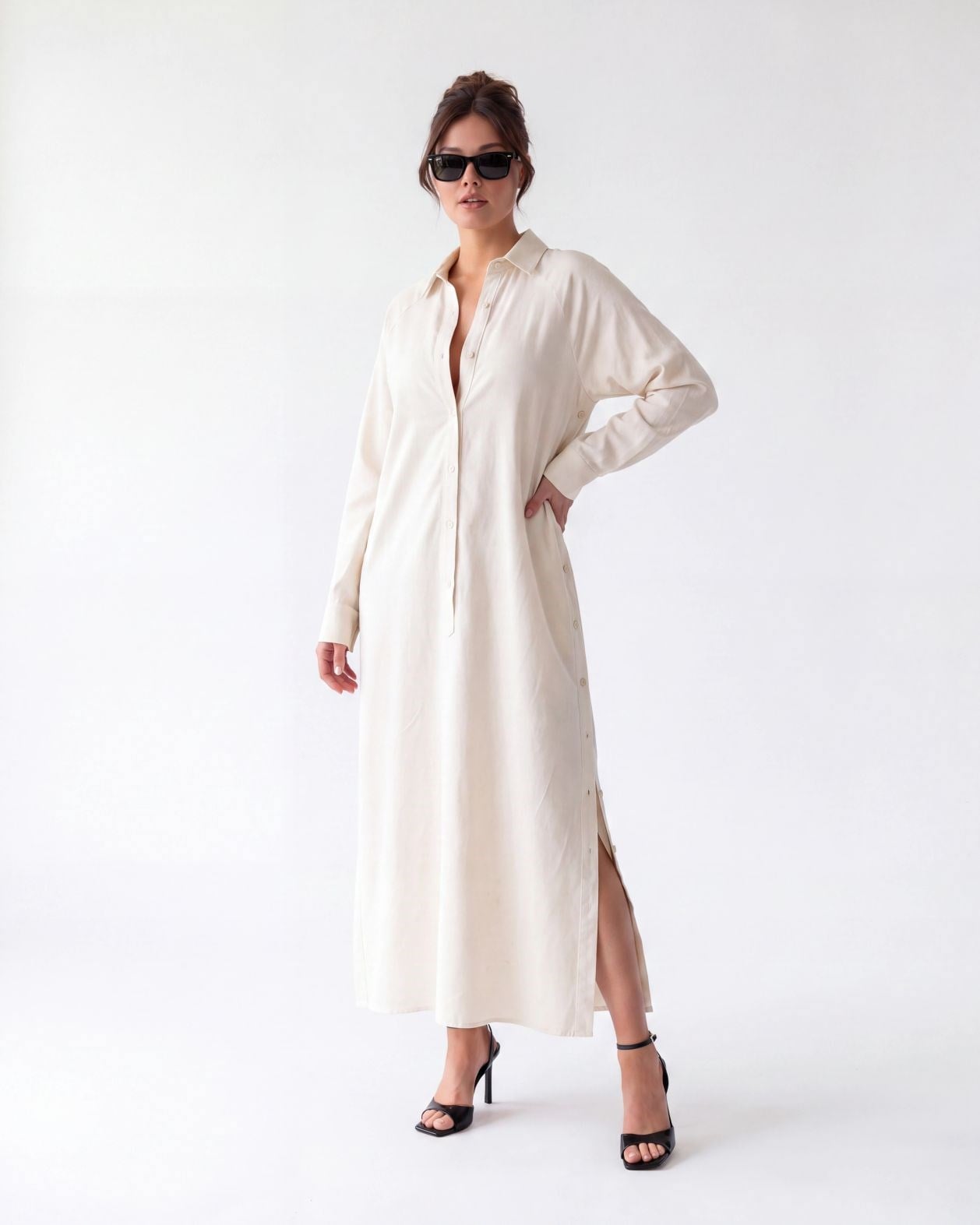 Long Sleeve Collared Dress in Light Cream - Fame - by Peralane