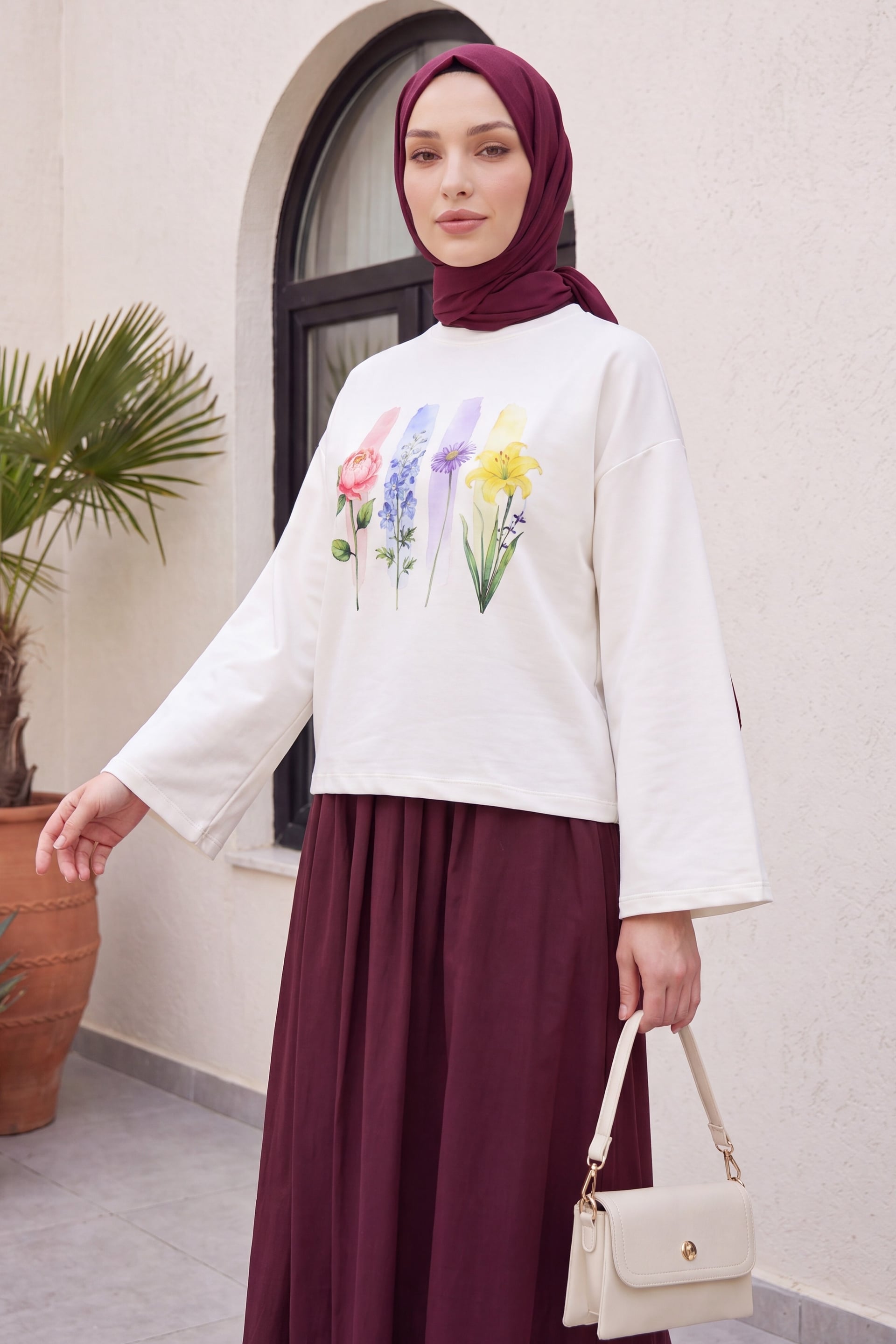 Floral Print Crew Neck Oversize 2-Thread Jersey Sweatshirt - Ecru - Podyumplus - by Peralane - photo 7