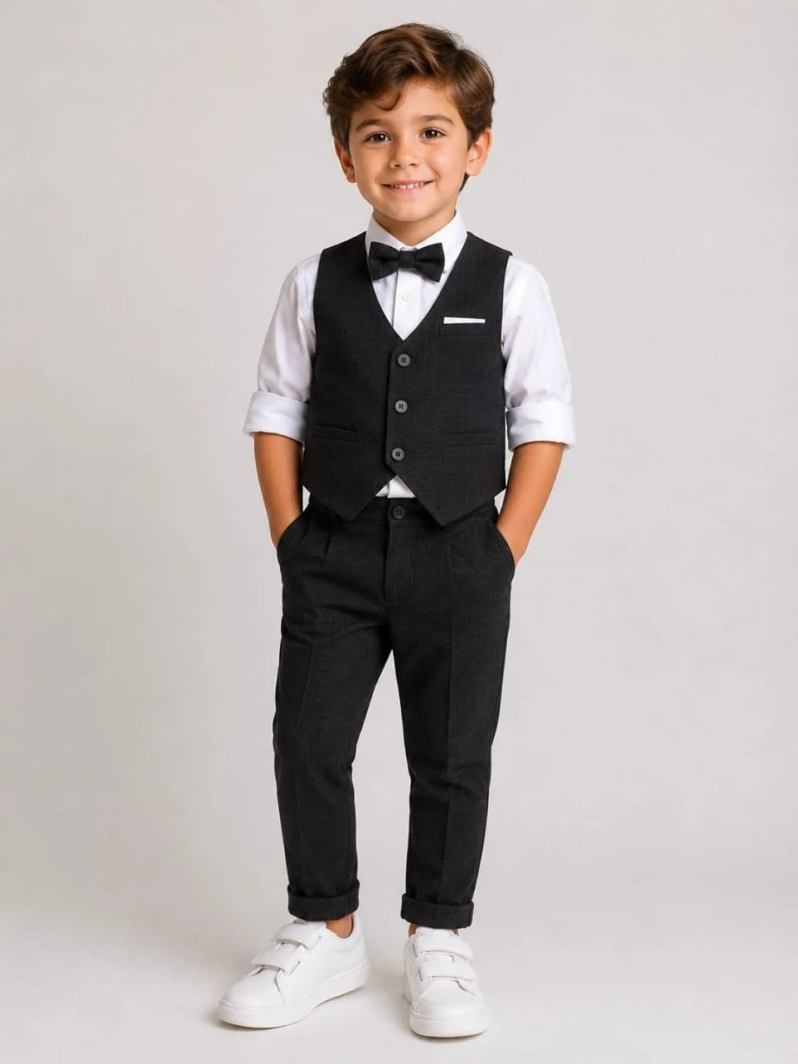 Boys' 4-Piece Formal Suit Set with Vest and Bow Tie - Black - Terry - by Peralane