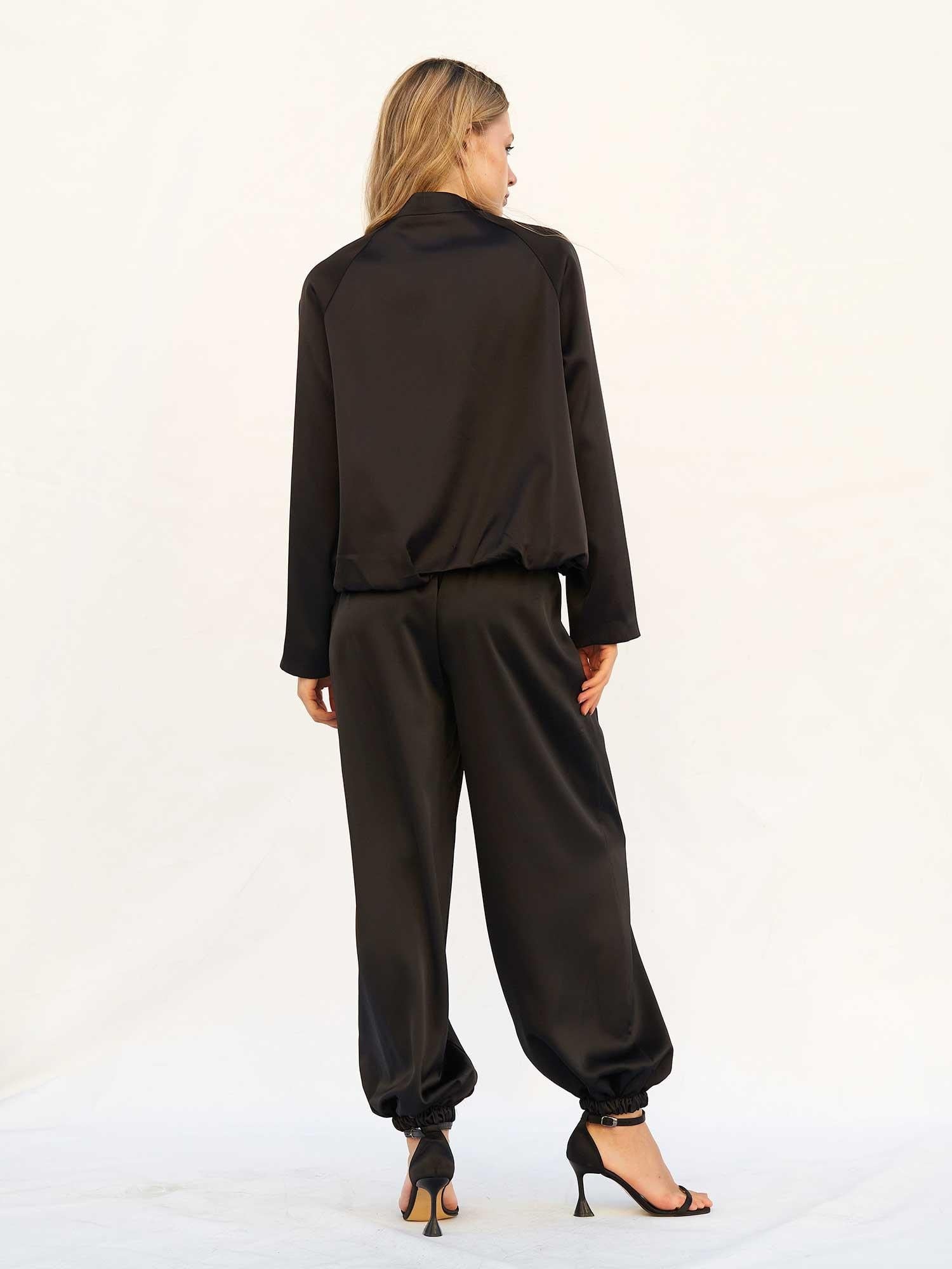 Black Satin Loungewear Set with Mandarin Collar Top and Elasticated Trousers - Lefon - by Peralane - photo 3