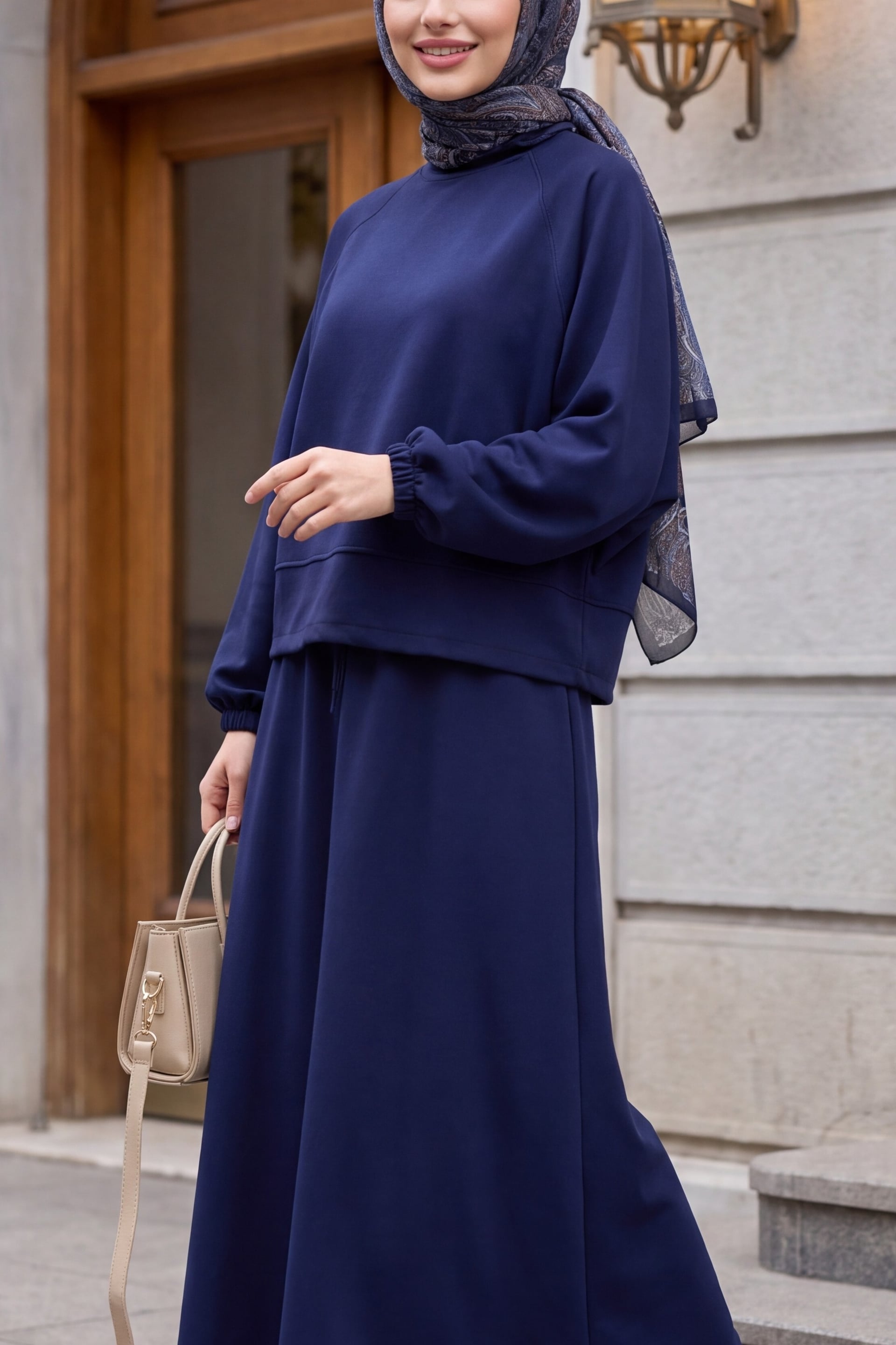 Navy Batwing Sleeve Bicycle Neck Two-Piece Sweatshirt and Skirt Set - Podyumplus - by Peralane