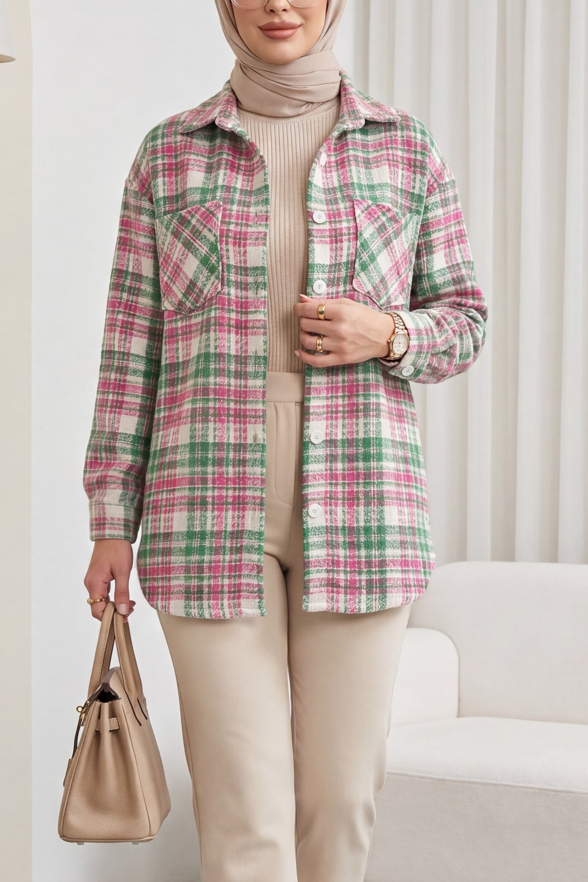 Long-Sleeved Plaid Tweed Shirt with Collar and Chest Pockets - Pink - Podyumplus - by Peralane