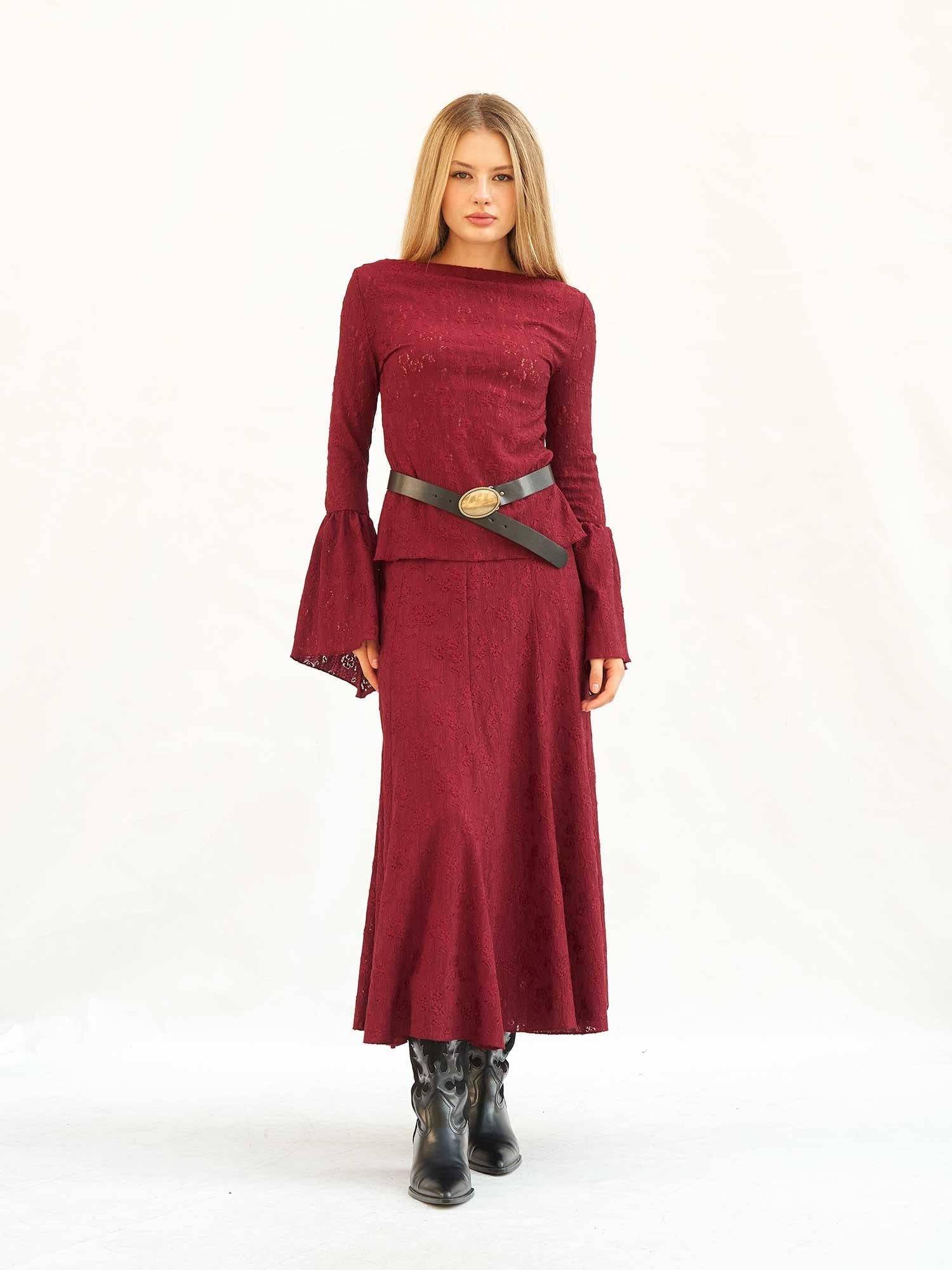 Burgundy Floral Lace Top and Maxi Skirt Set - Lefon - by Peralane