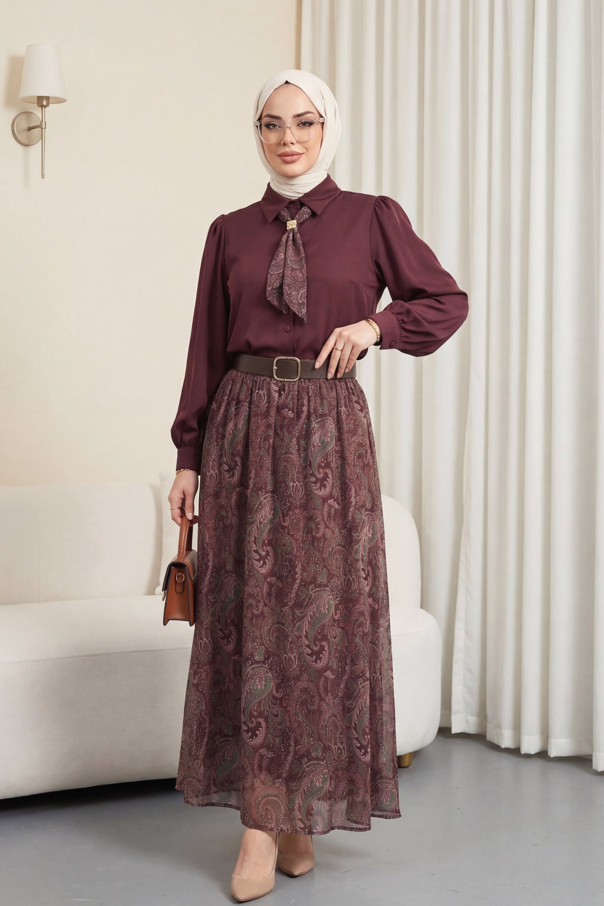 Women's Full-Length Button Puff-Sleeve Blouse and Ethnic Print Skirt Set - Burgundy - Podyumplus - by Peralane