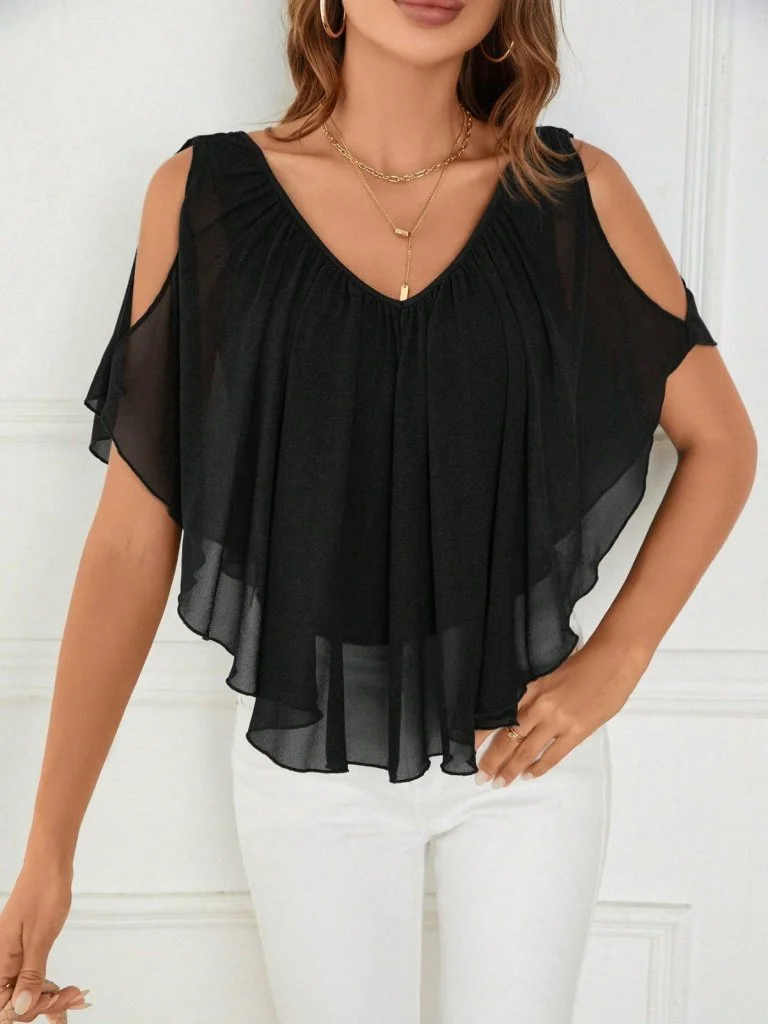 Women's Sheer Short Sleeve V-Neck Cold-Shoulder Ruffled Blouse in Black - Janes - by Peralane - photo 2