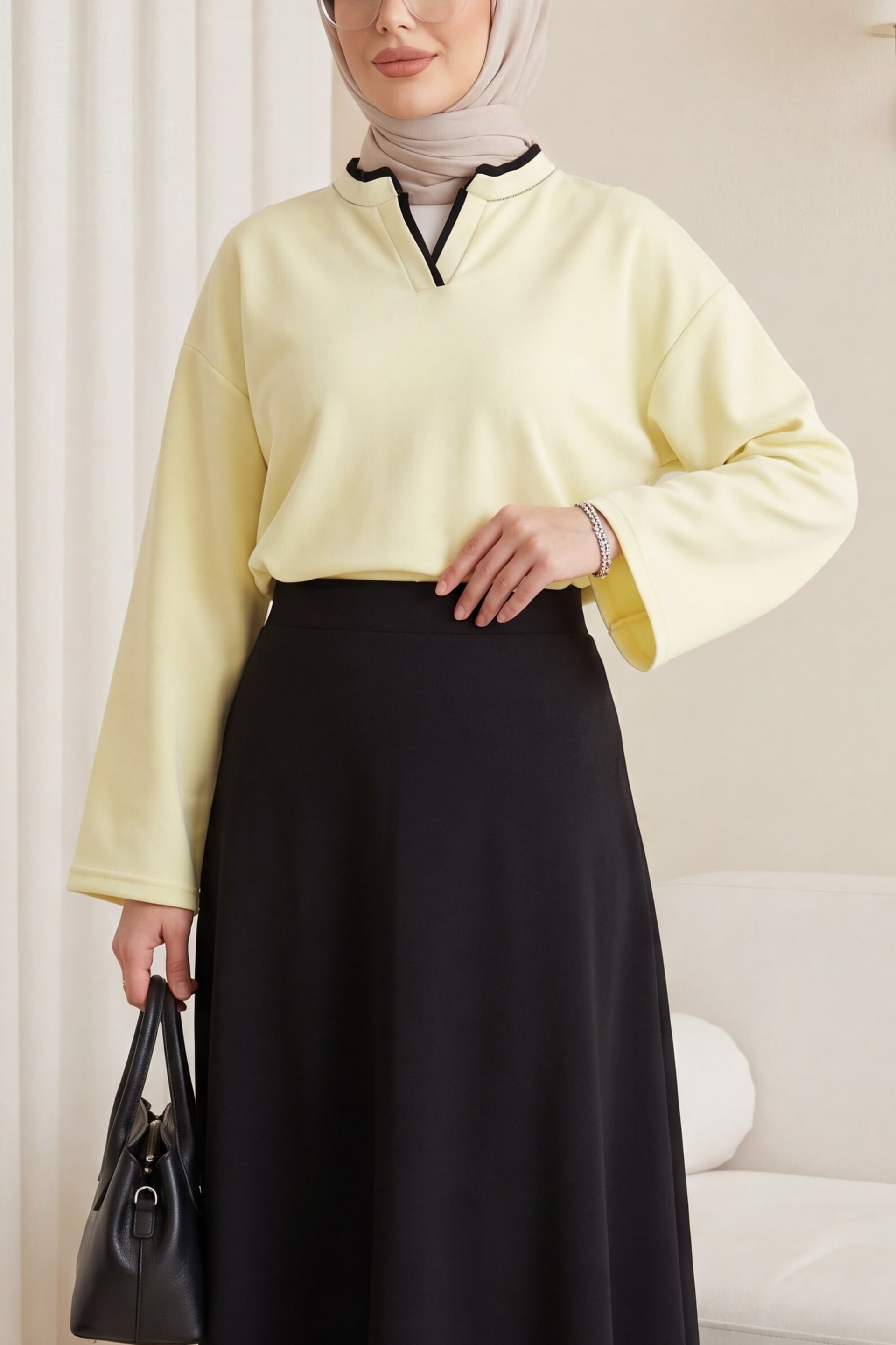 V-Neck Double-Layer 2-Ply Cotton Knit Blouse - Pale Yellow - Podyumplus - by Peralane