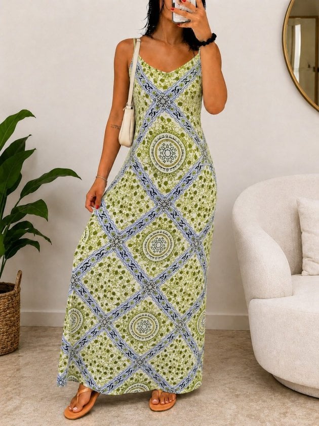Women's Spaghetti Strap V-Neck Printed Maxi Dress - Janes - by Peralane - photo 3