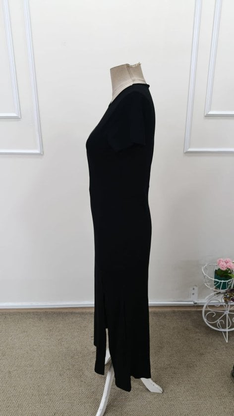 Women's Black Short-Sleeved Round Neck Side-Slit Midi Viscose Dress - Janes - by Peralane - photo 5