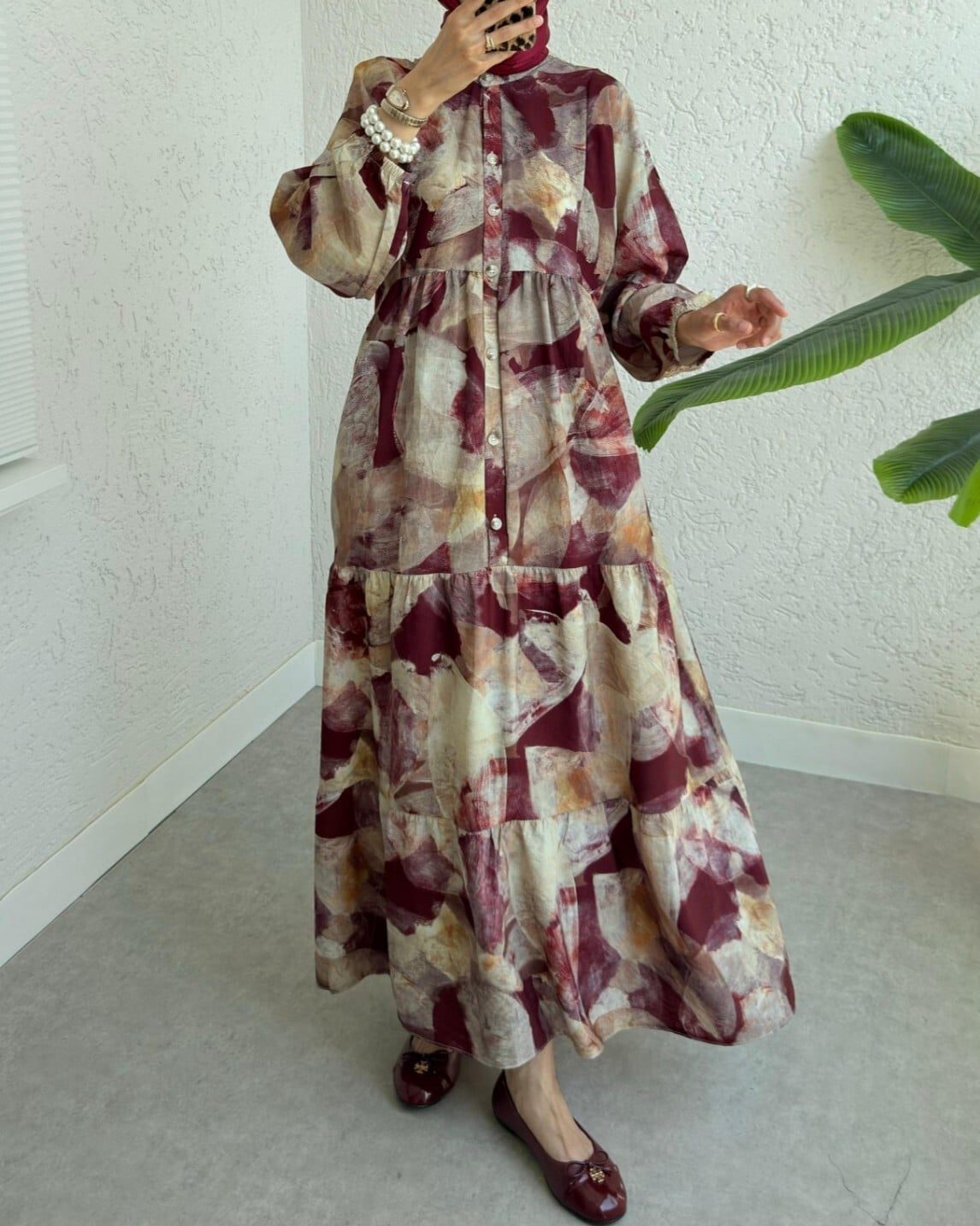 Half Button Batik Print Dress with Elastic Sleeves - Bordeaux - Podyumplus - by Peralane - photo 7