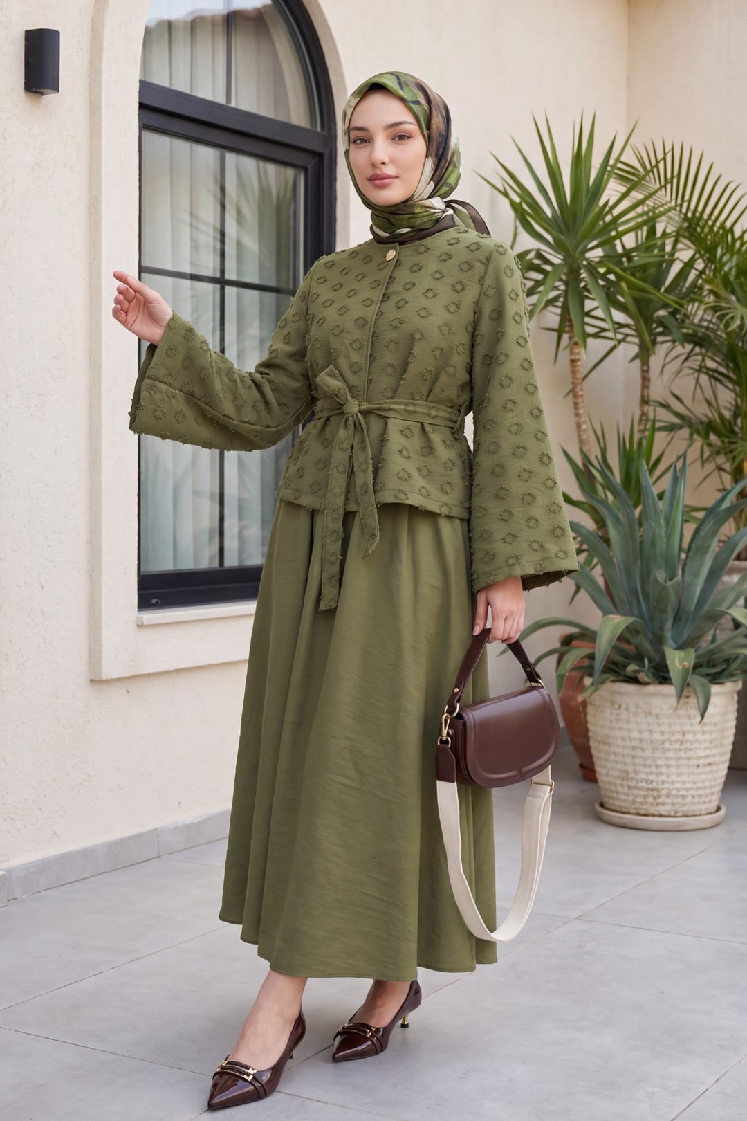 Olive Green Jacquard Modest Set with Belted Jacket and Maxi Skirt - Podyumplus - by Peralane