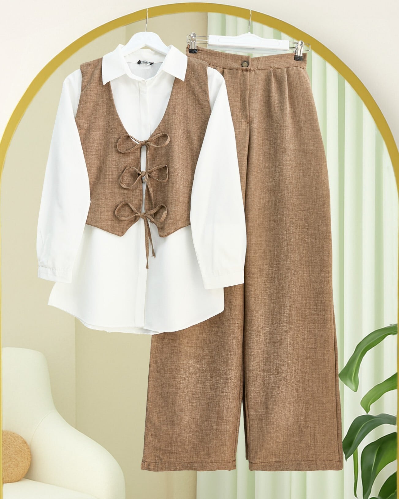 Women's Two-Piece Set with Bow-Tie Vest and Wide-Leg Trousers - Brown - Podyumplus - by Peralane - photo 3